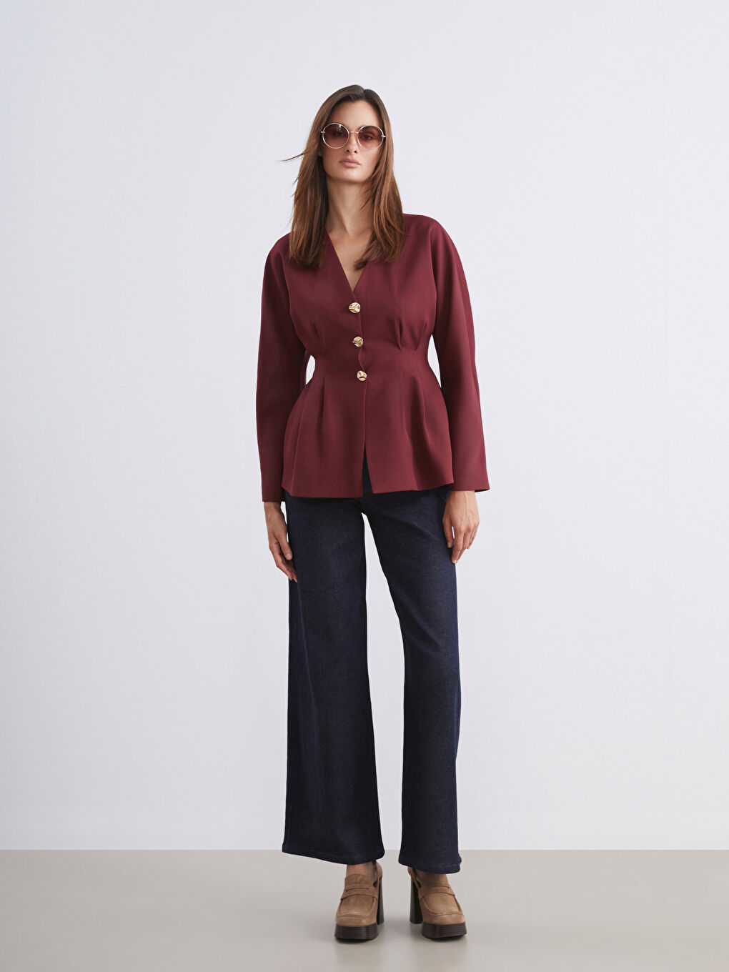 Bordo V Yaka Peplum Kadın Ceket-1