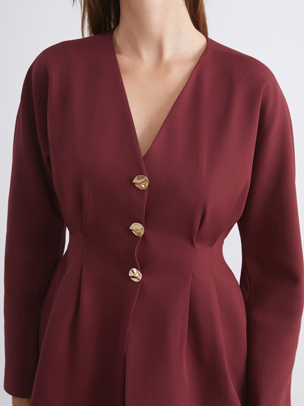 Bordo V Yaka Peplum Kadın Ceket-2