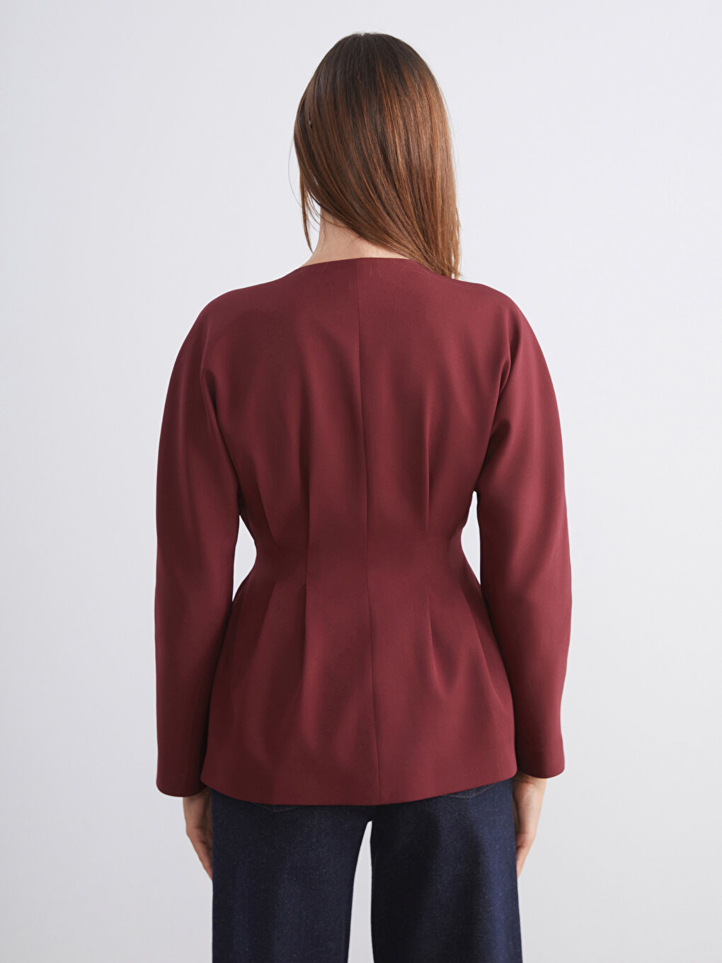 Bordo V Yaka Peplum Kadın Ceket-3