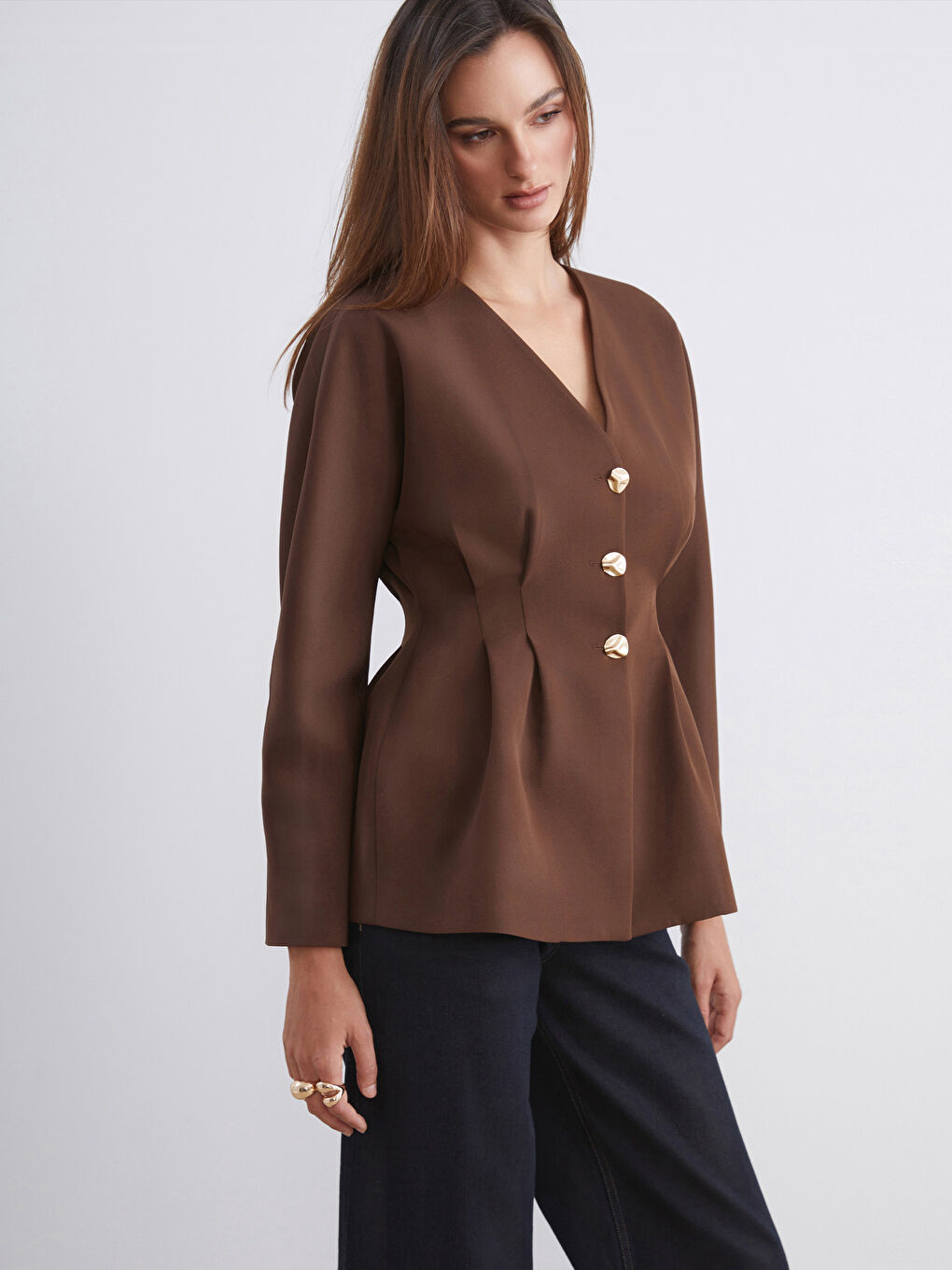 Kahverengi V Yaka Peplum Kadın Ceket