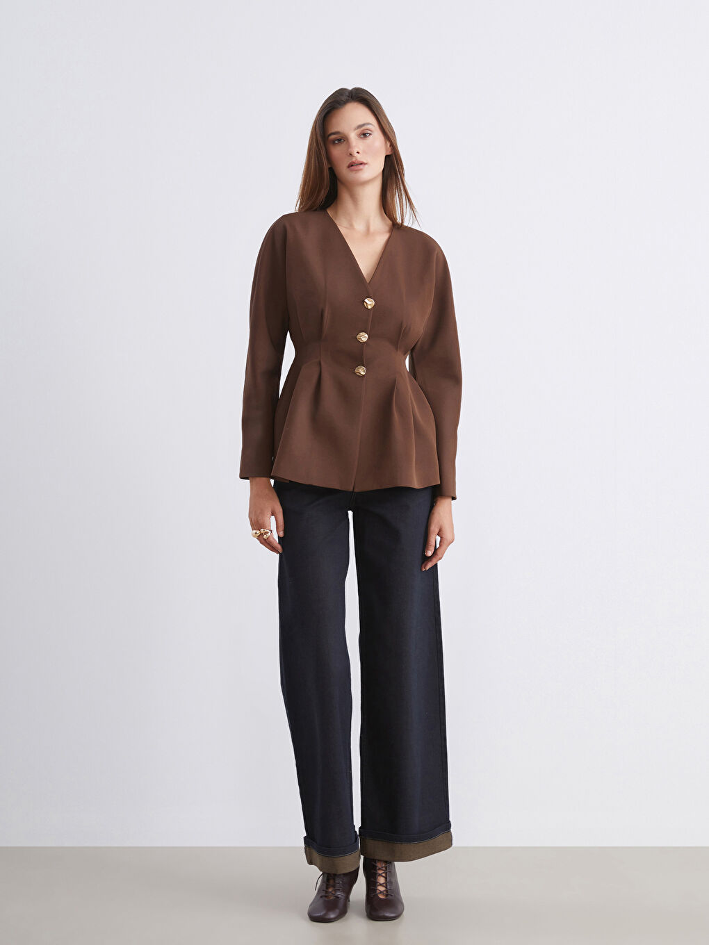 Kahverengi V Yaka Peplum Kadın Ceket-1