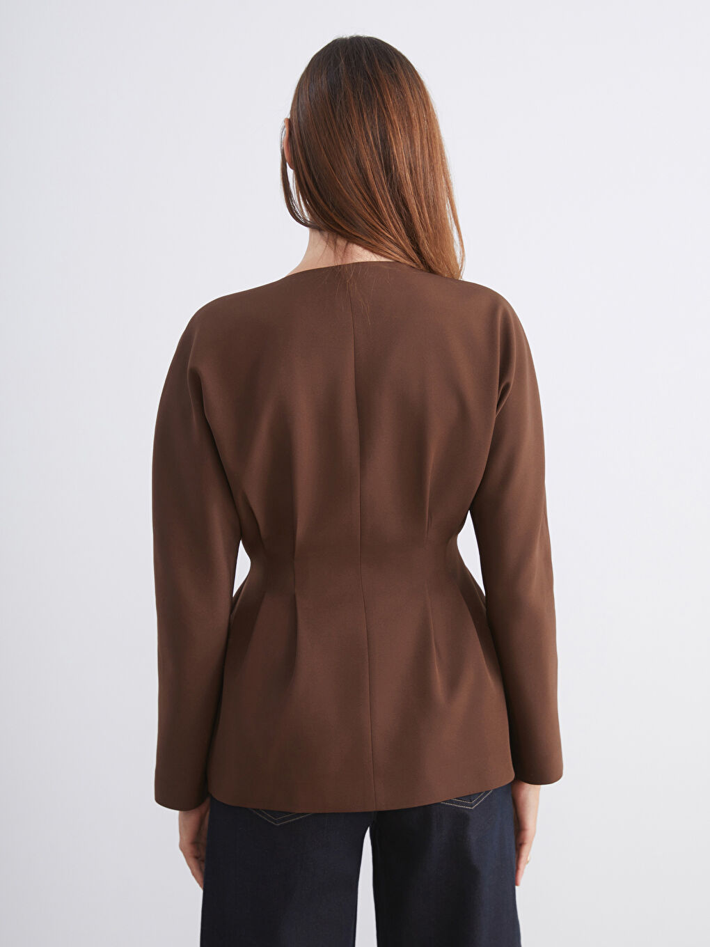 Kahverengi V Yaka Peplum Kadın Ceket-3