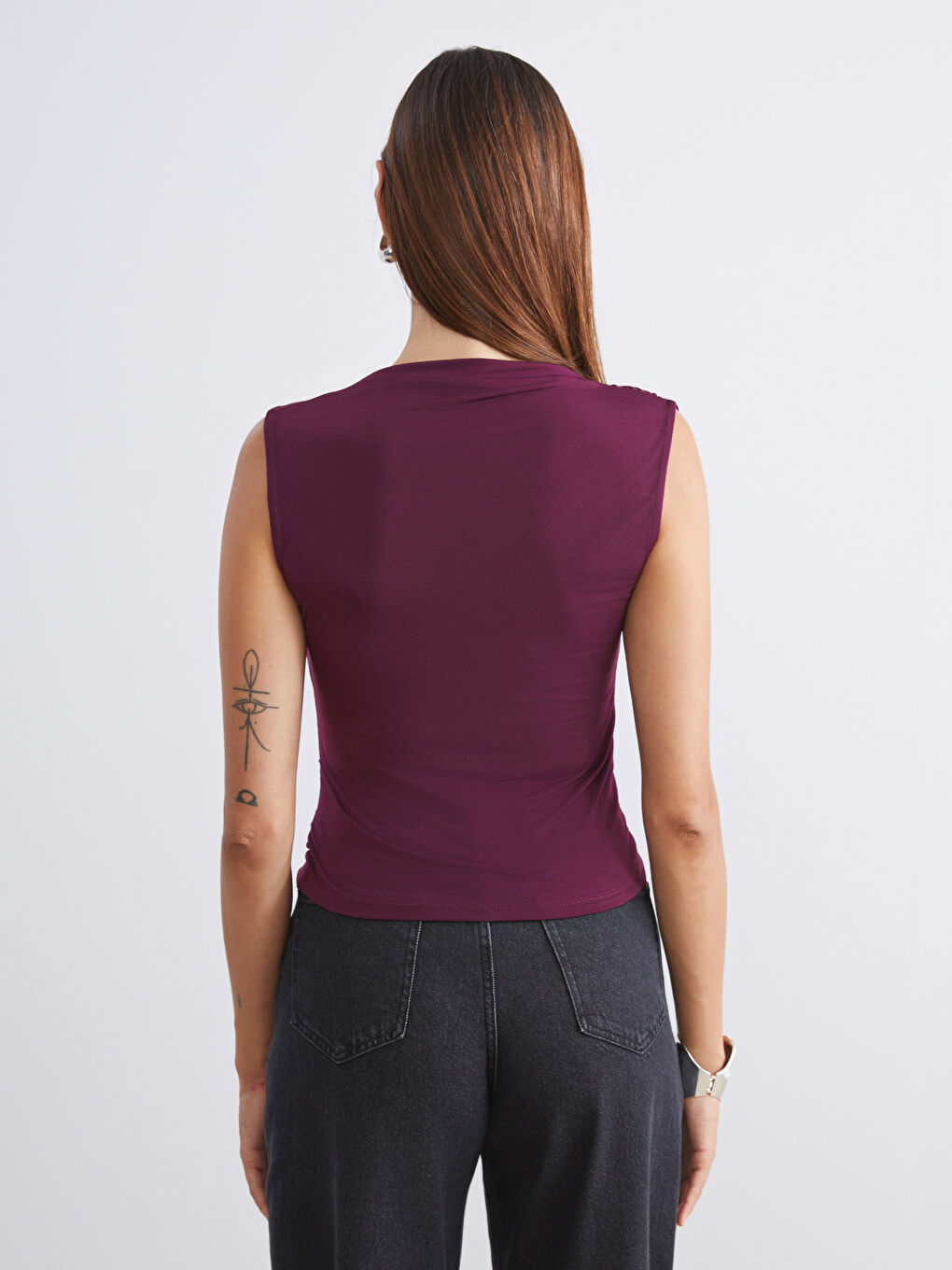 Mürdüm Dik Yaka Büzgülü Bluz-3