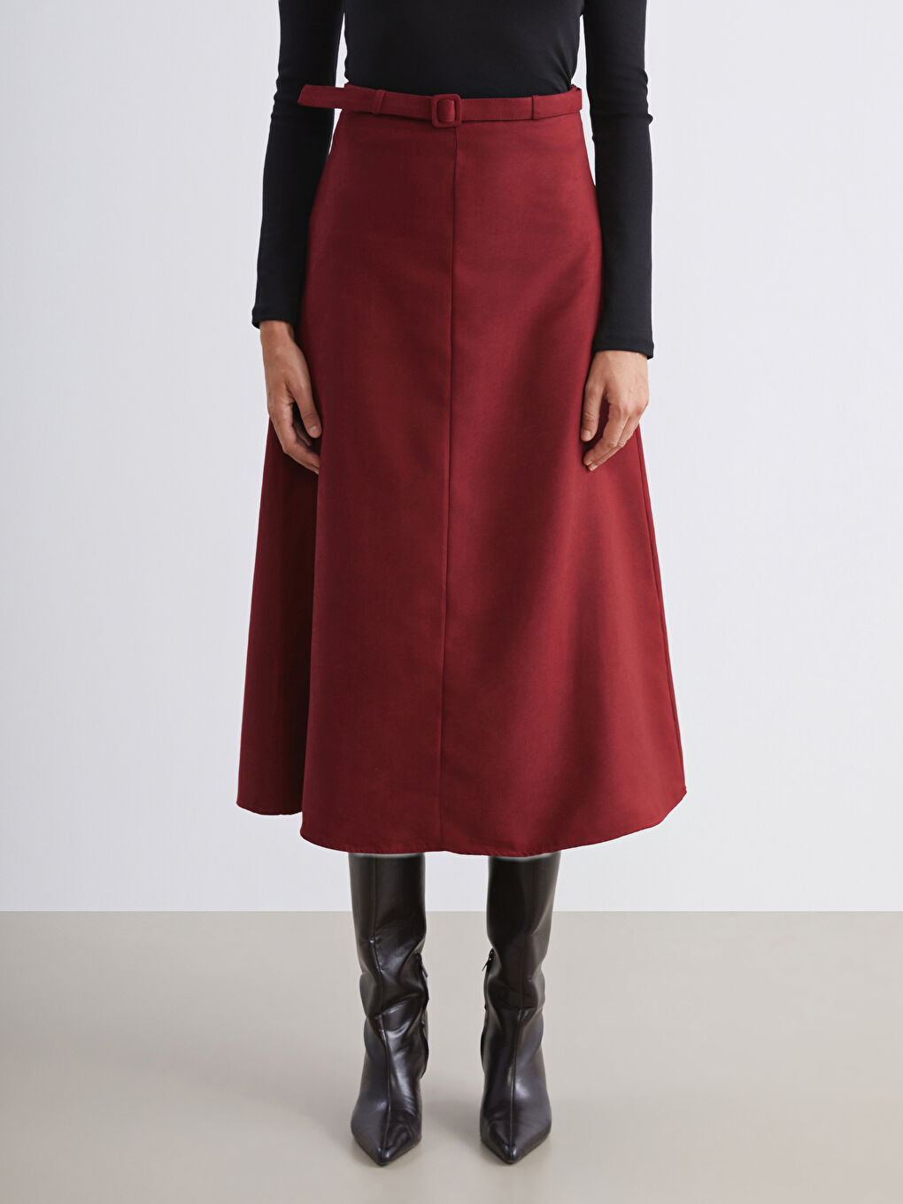 Bordo Beli Kemerli Süet Etek-1