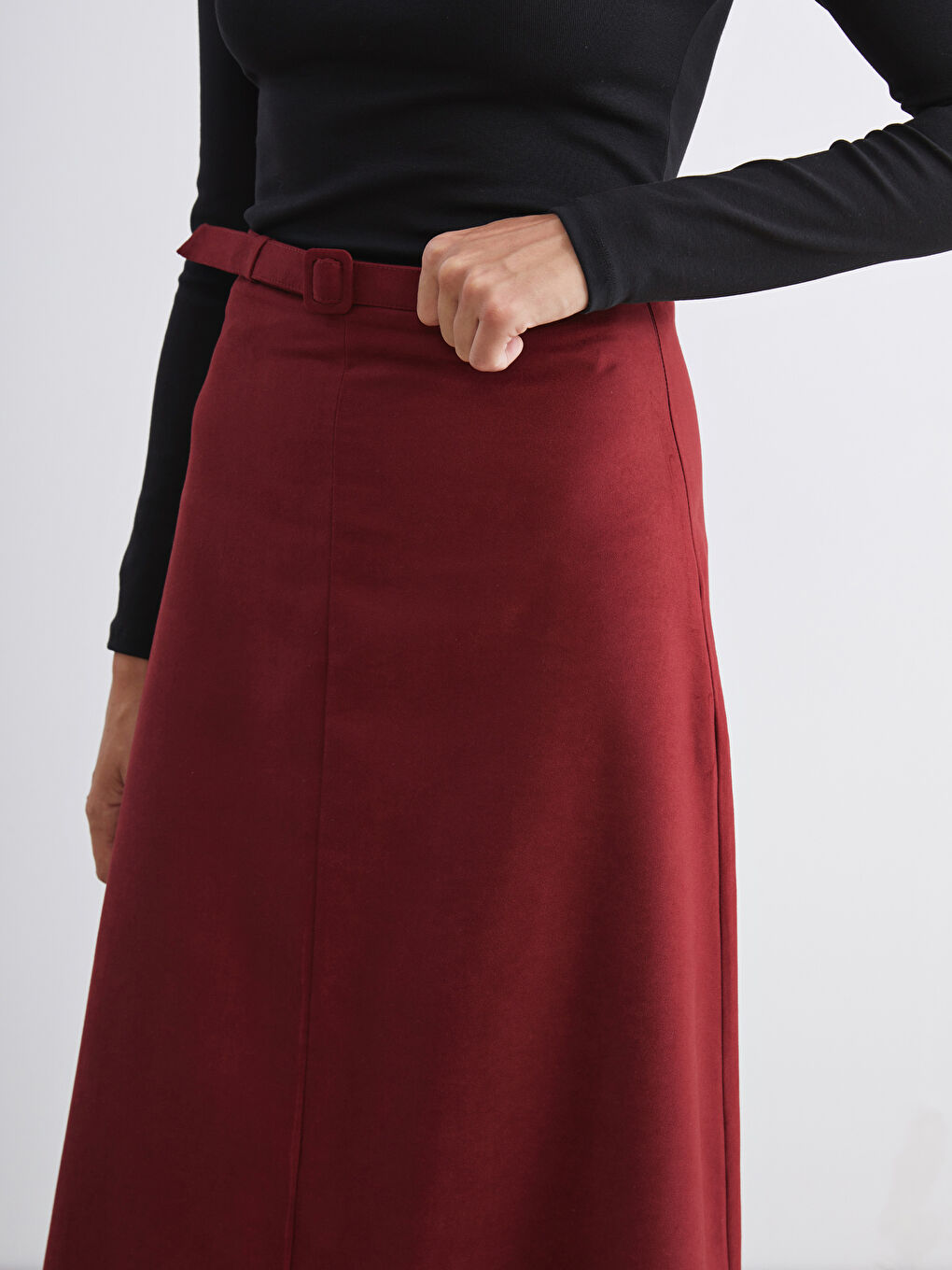 Bordo Beli Kemerli Süet Etek-2