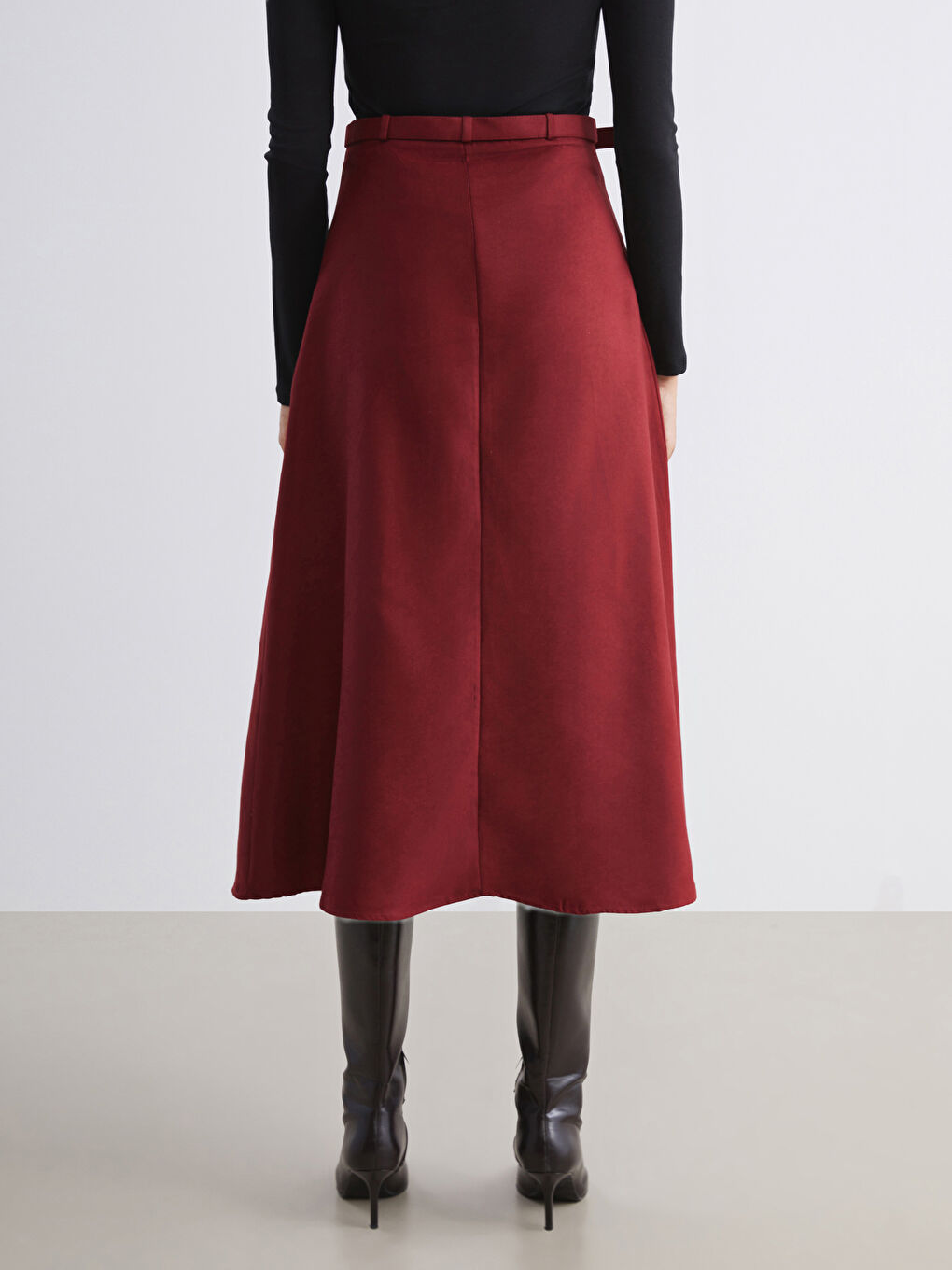 Bordo Beli Kemerli Süet Etek-3