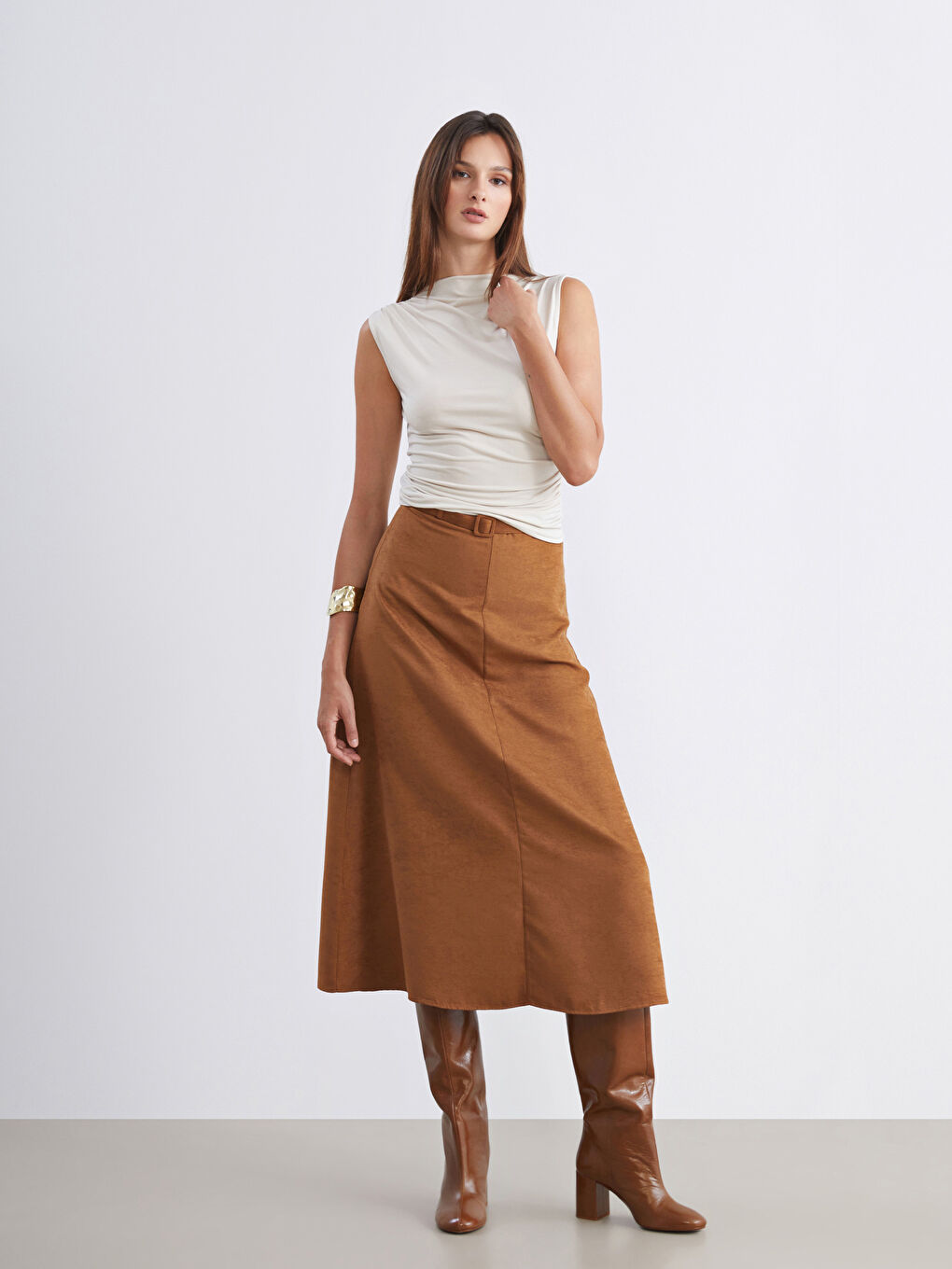 Kahverengi Beli Kemerli Süet Etek-1