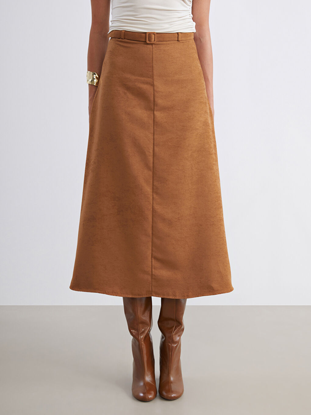 Kahverengi Beli Kemerli Süet Etek-2