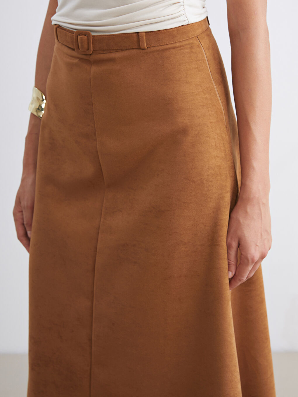 Kahverengi Beli Kemerli Süet Etek-3