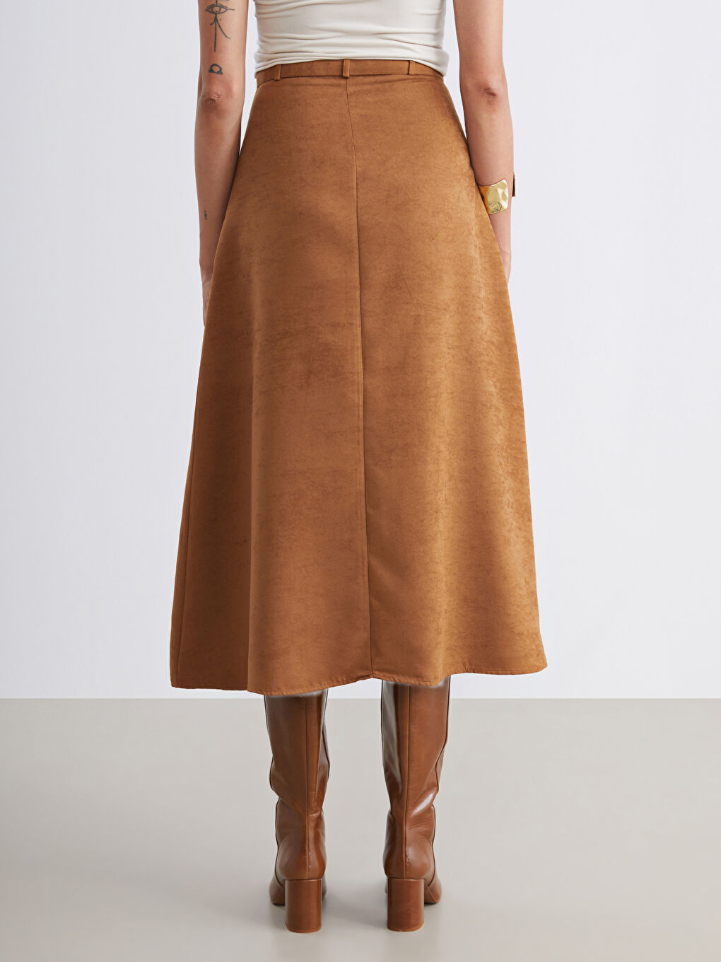 Kahverengi Beli Kemerli Süet Etek-4