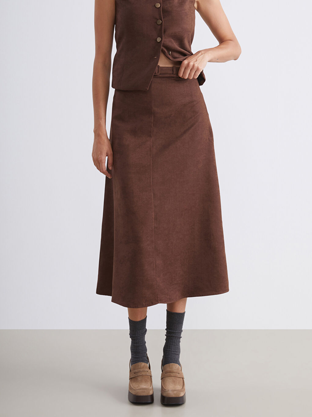 Kahverengi Beli Kemerli Süet Etek-1