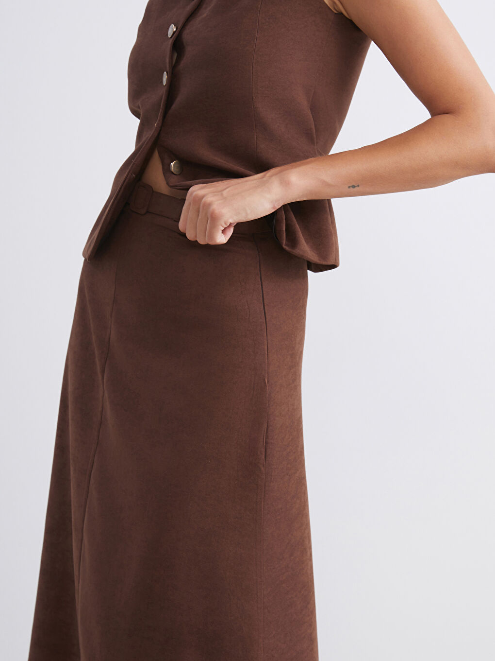 Kahverengi Beli Kemerli Süet Etek-3