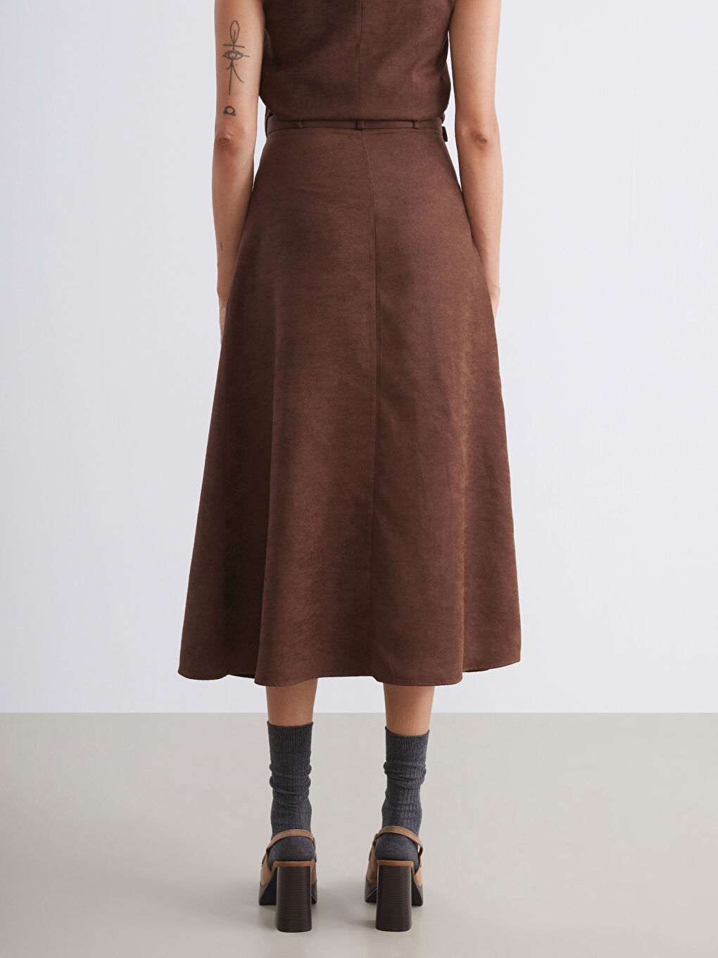 Kahverengi Beli Kemerli Süet Etek-4