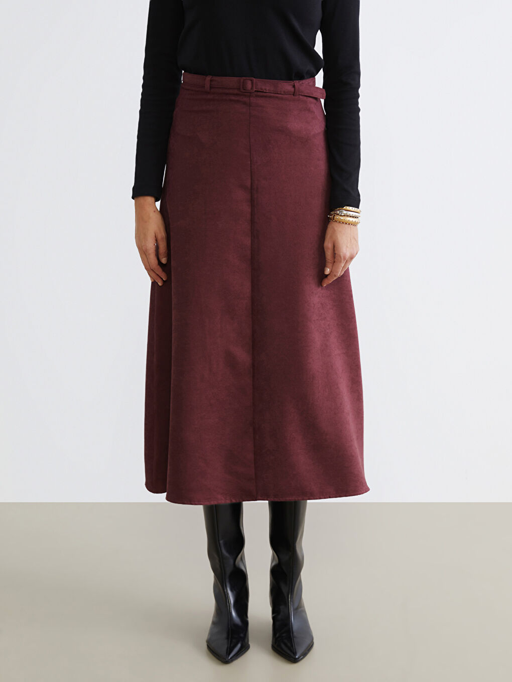 Bordo Beli Kemerli Süet Etek-1