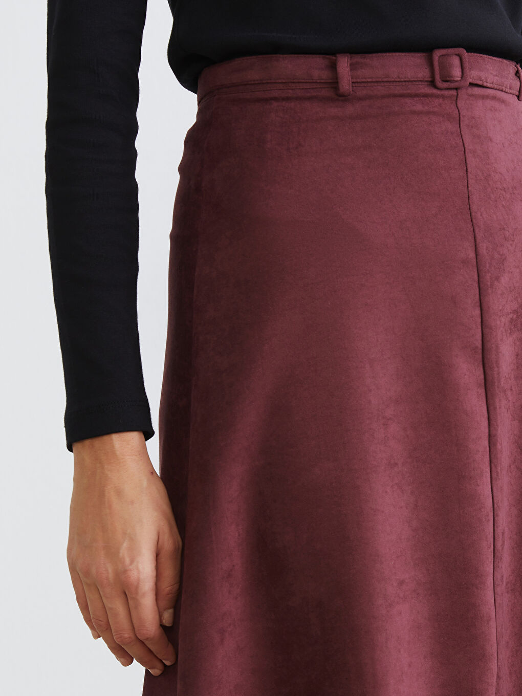 Bordo Beli Kemerli Süet Etek-2