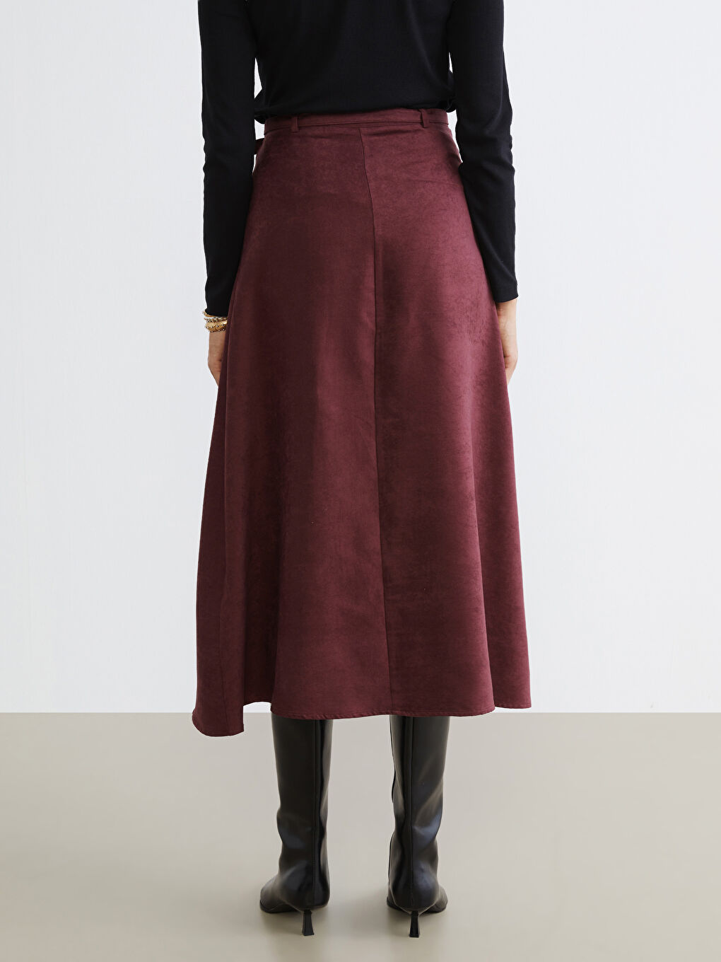 Bordo Beli Kemerli Süet Etek-3