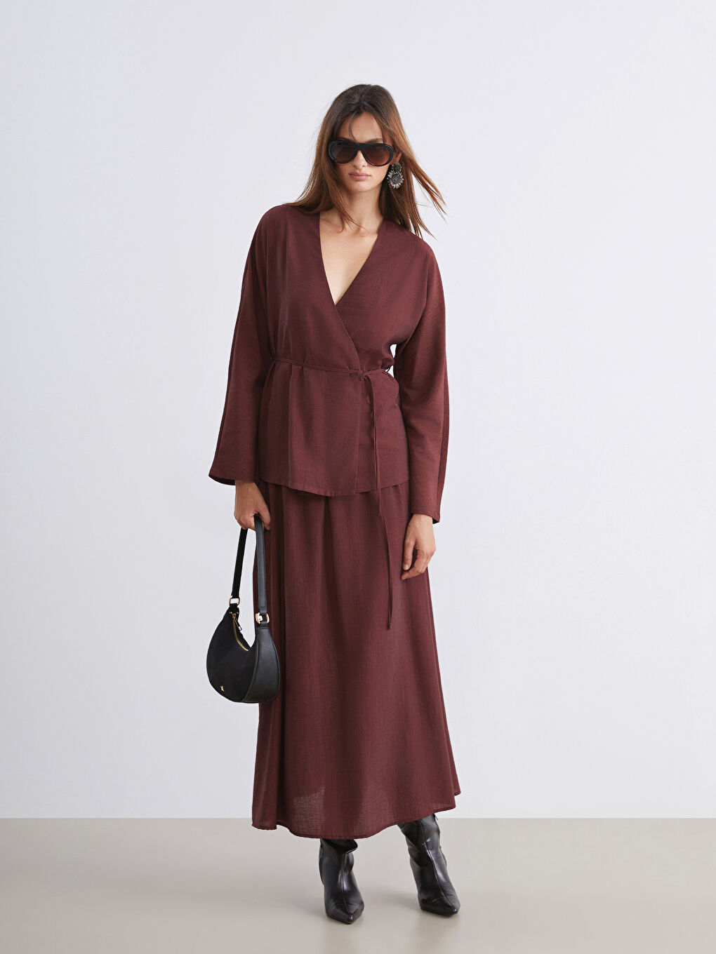 Kahverengi Kruvaze Yaka Dokulu Kadın Kimono-1