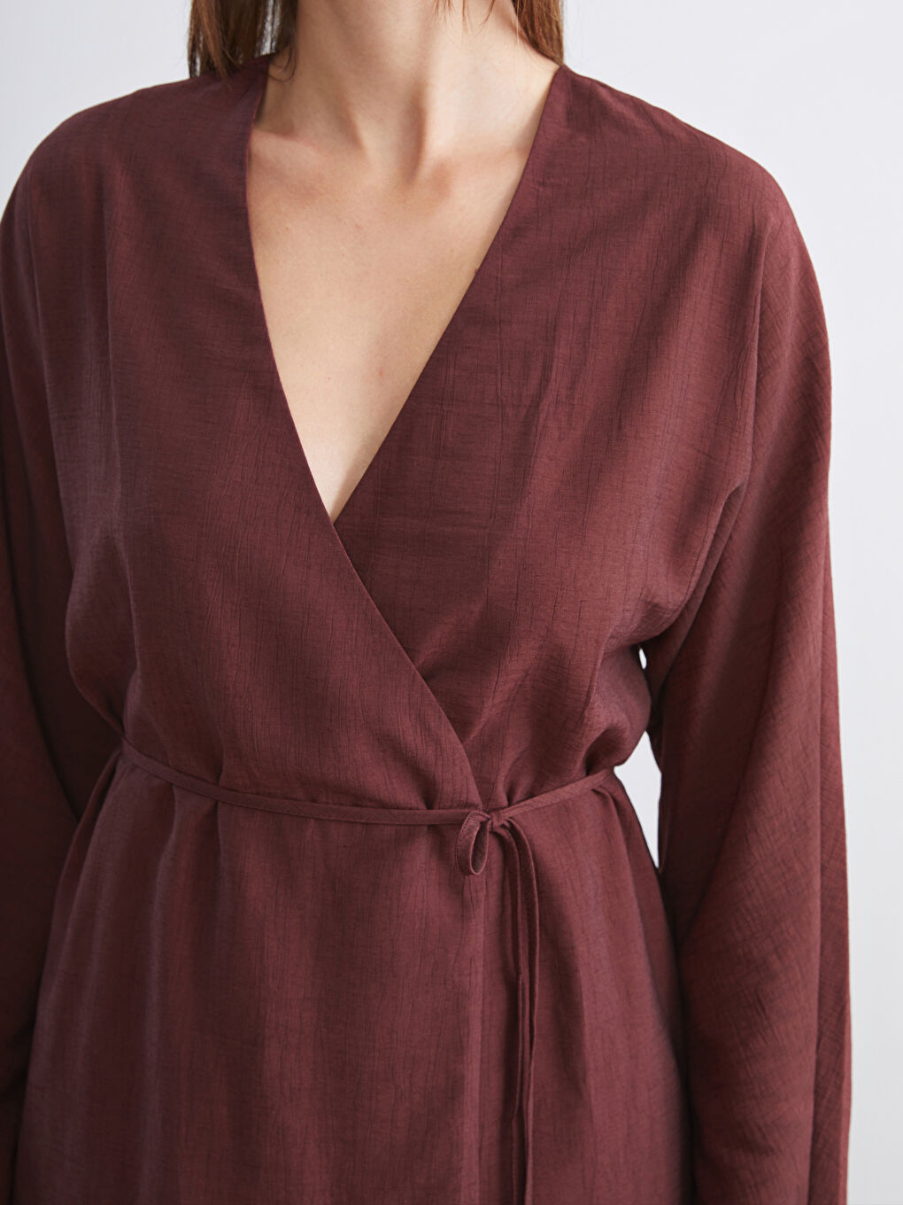 Kahverengi Kruvaze Yaka Dokulu Kadın Kimono-2