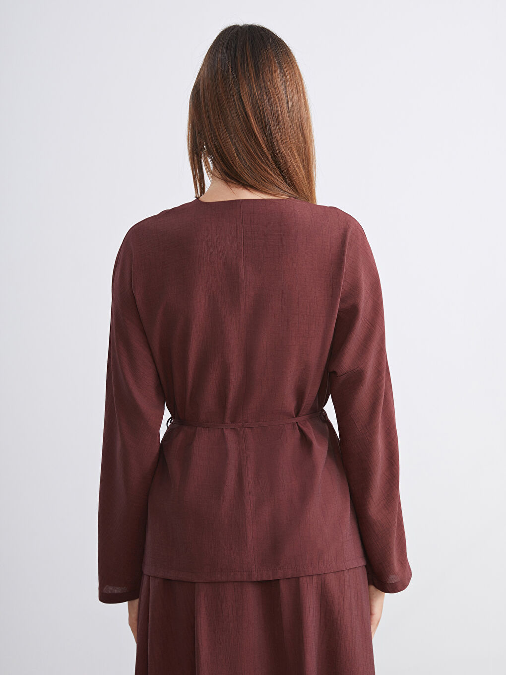 Kahverengi Kruvaze Yaka Dokulu Kadın Kimono-3