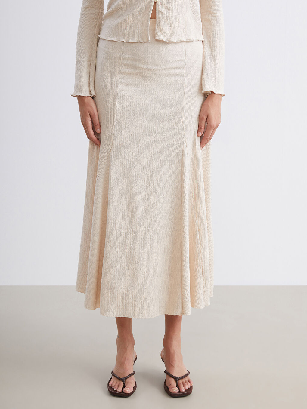 Ekru Beli Lastikli Dokulu Pileli Etek-1