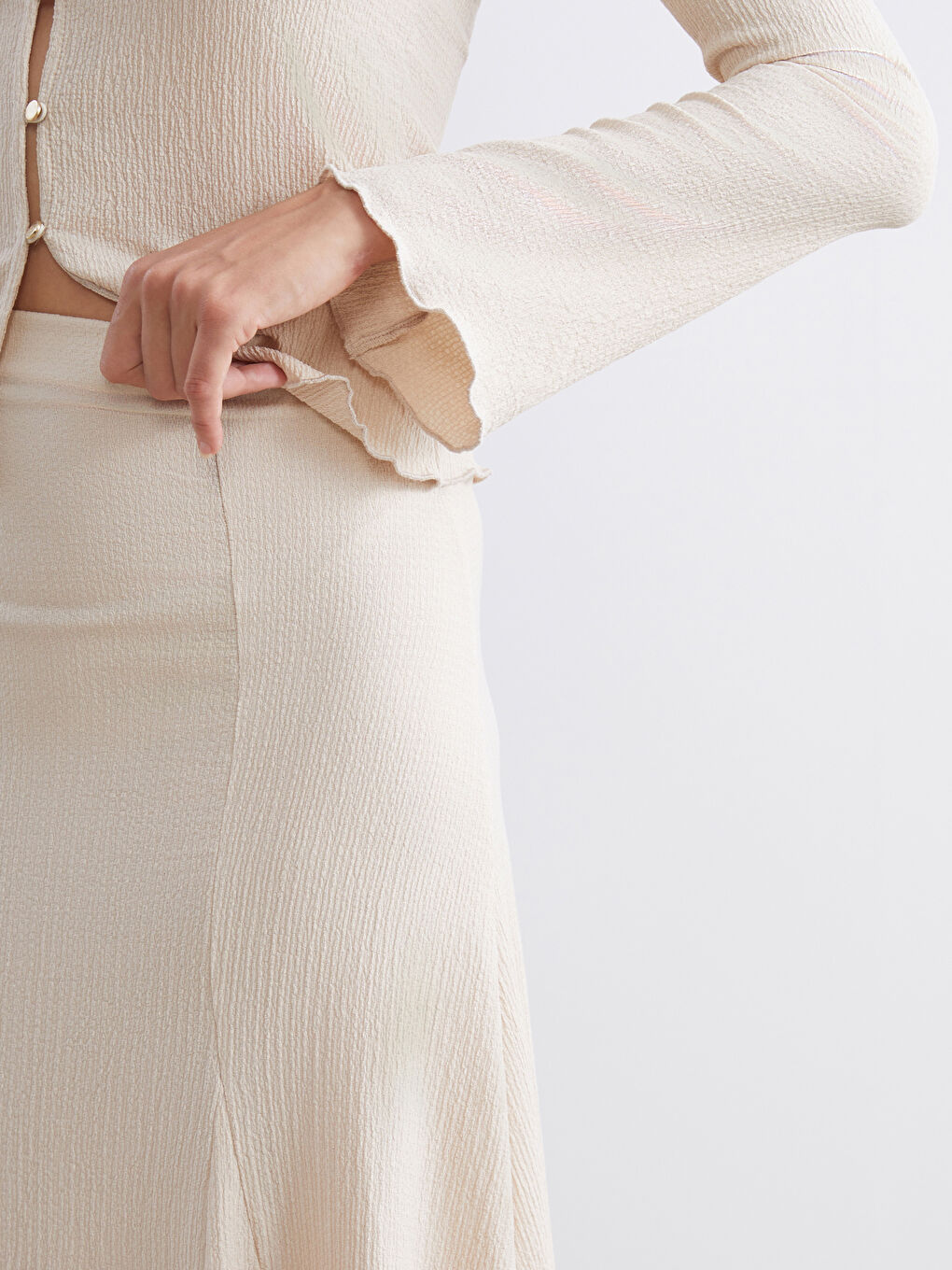 Ekru Beli Lastikli Dokulu Pileli Etek-2