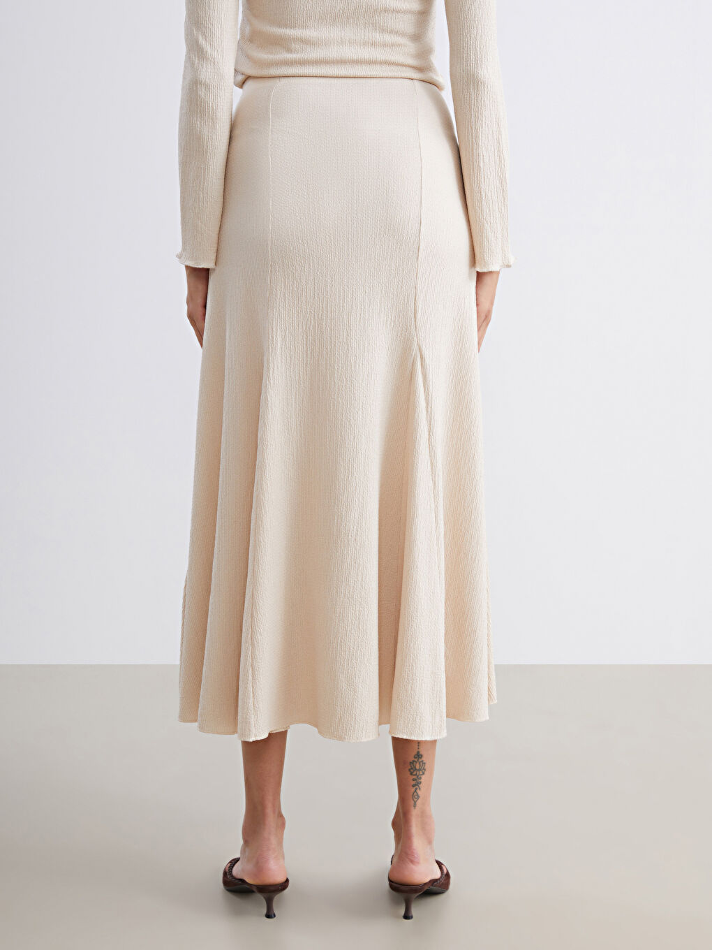 Ekru Beli Lastikli Dokulu Pileli Etek-3