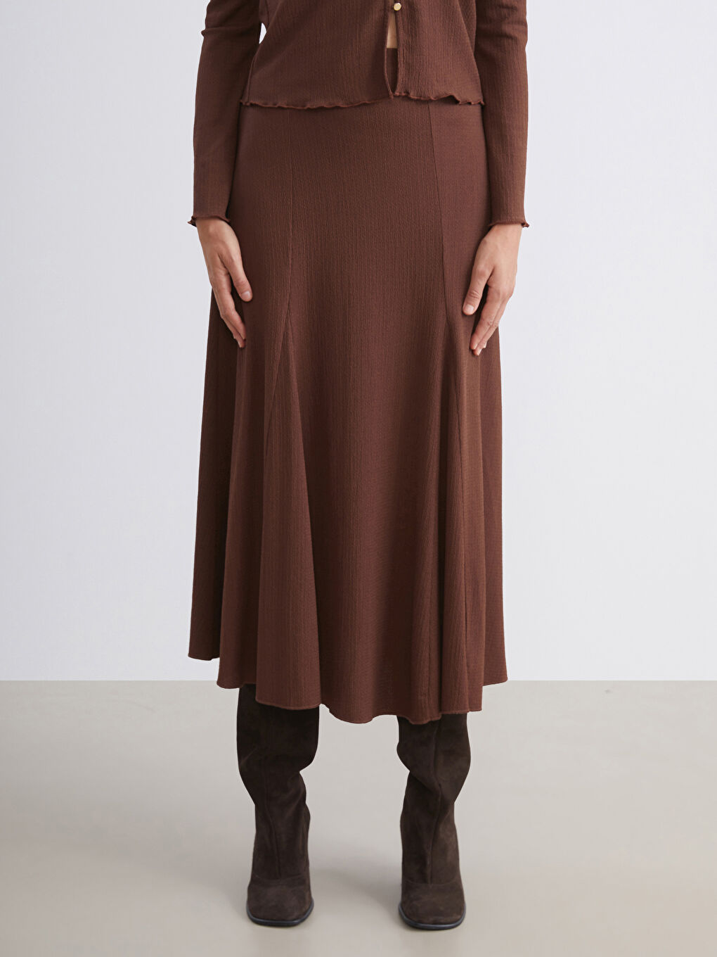 Kahverengi Beli Lastikli Dokulu Pileli Etek-1