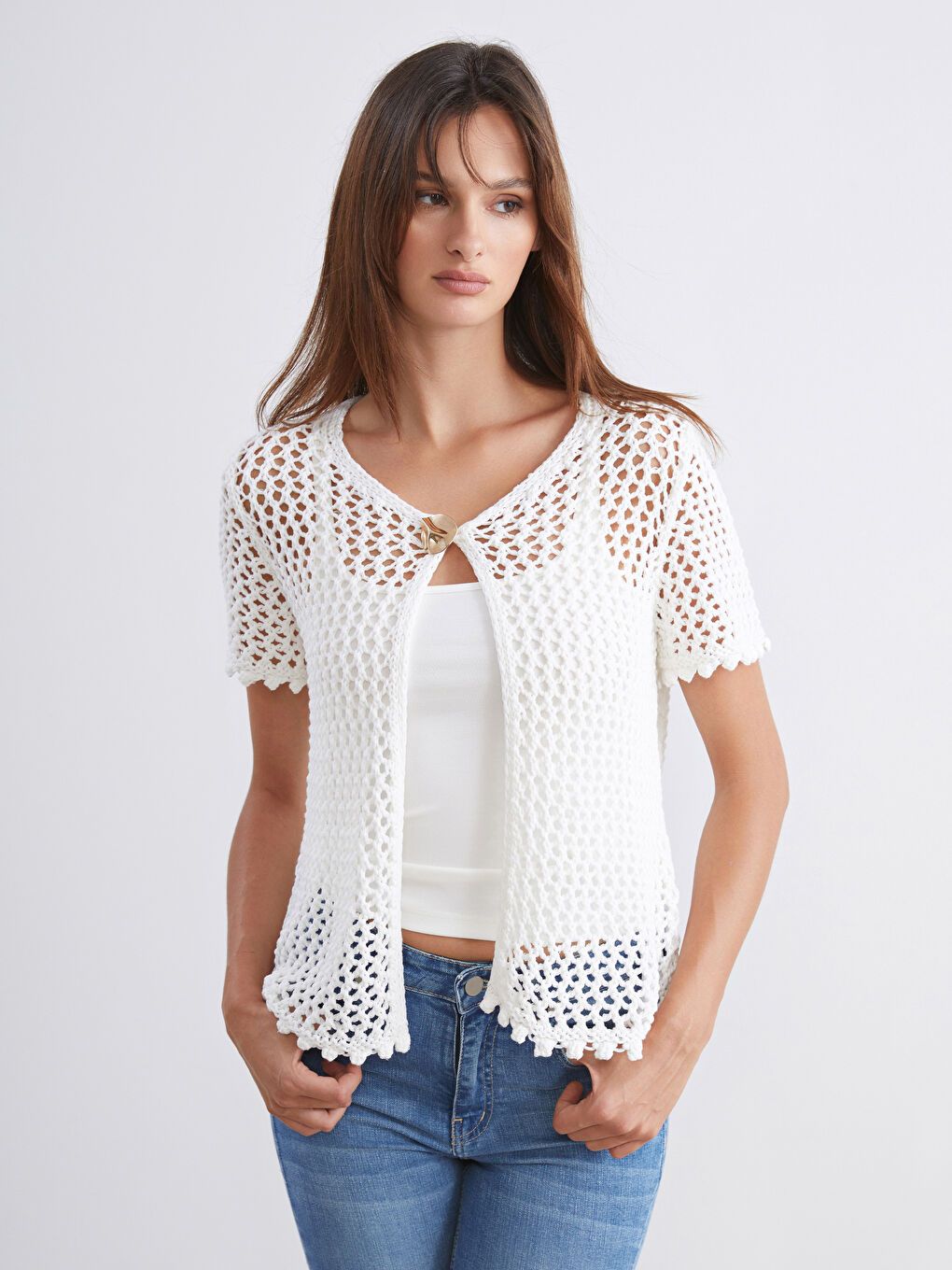 Ekru Bisiklet Yaka Ajurlu Kadın Triko Hırka