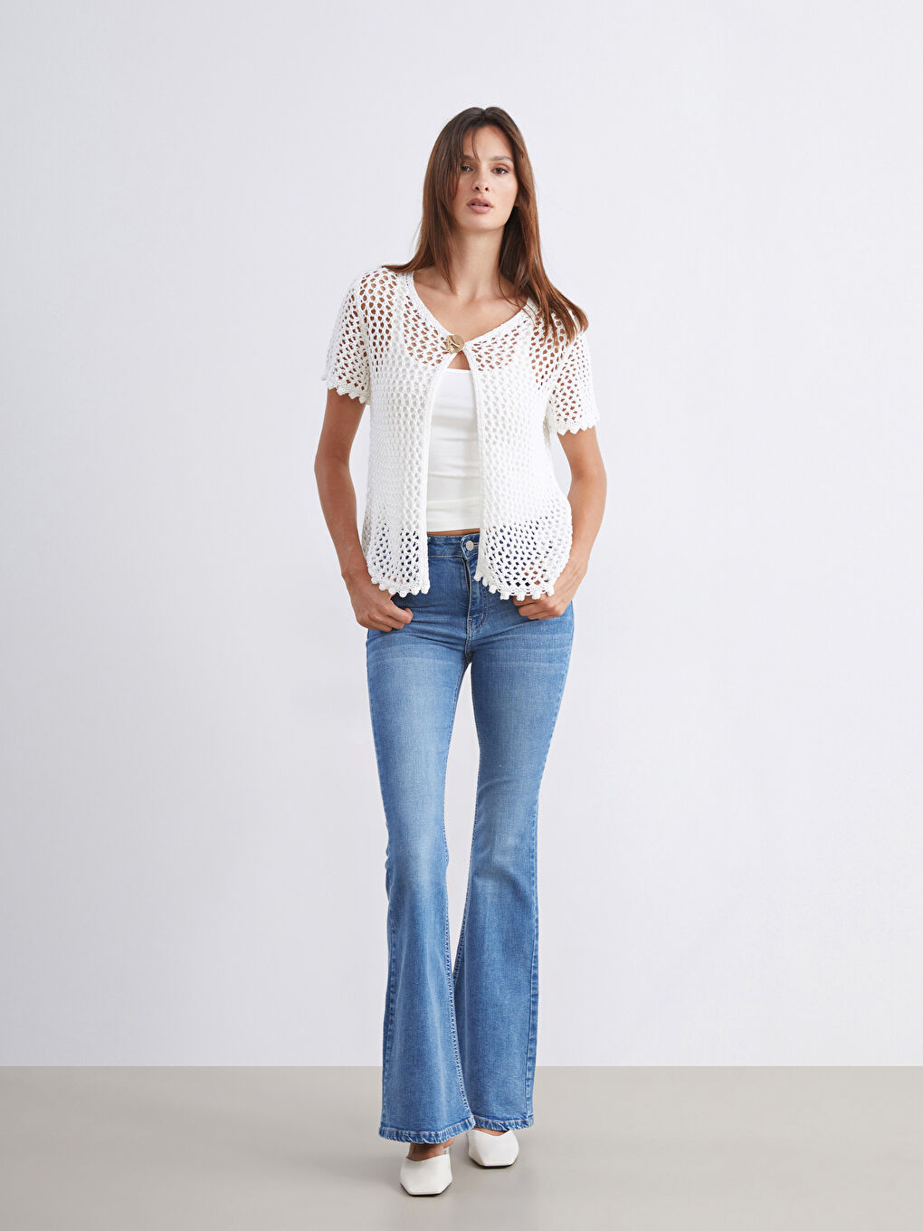 Ekru Bisiklet Yaka Ajurlu Kadın Triko Hırka-1