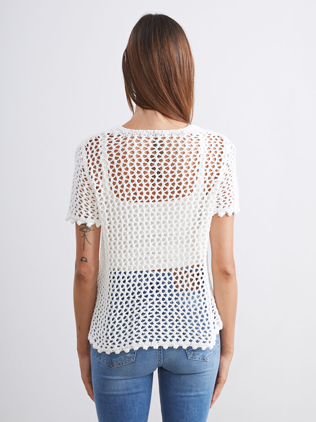 Ekru Bisiklet Yaka Ajurlu Kadın Triko Hırka-3