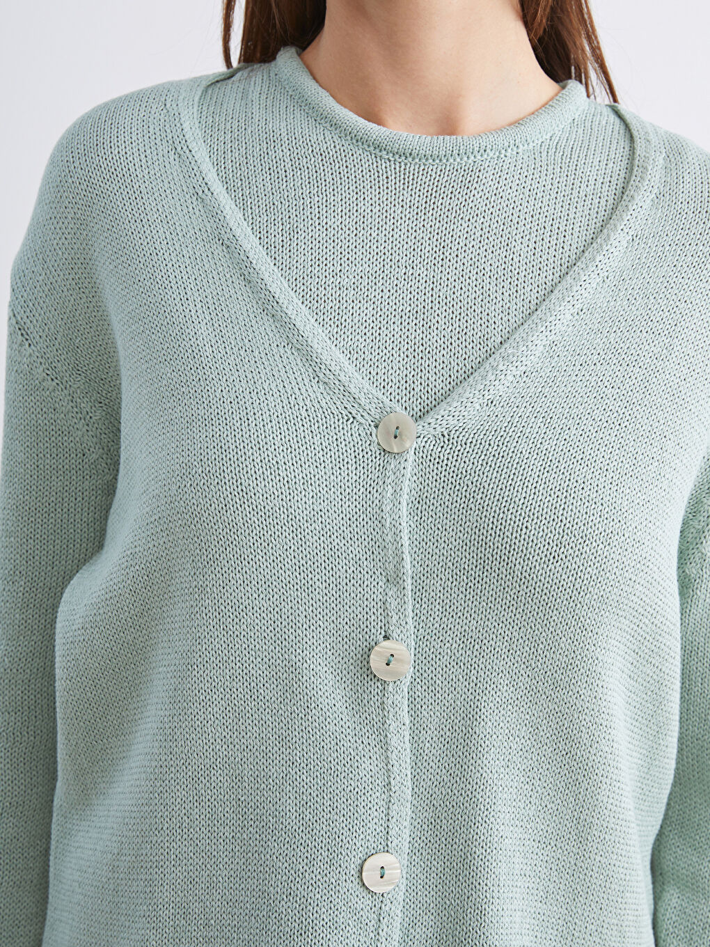 Yeşil V Yaka Kadın Triko Hırka-2