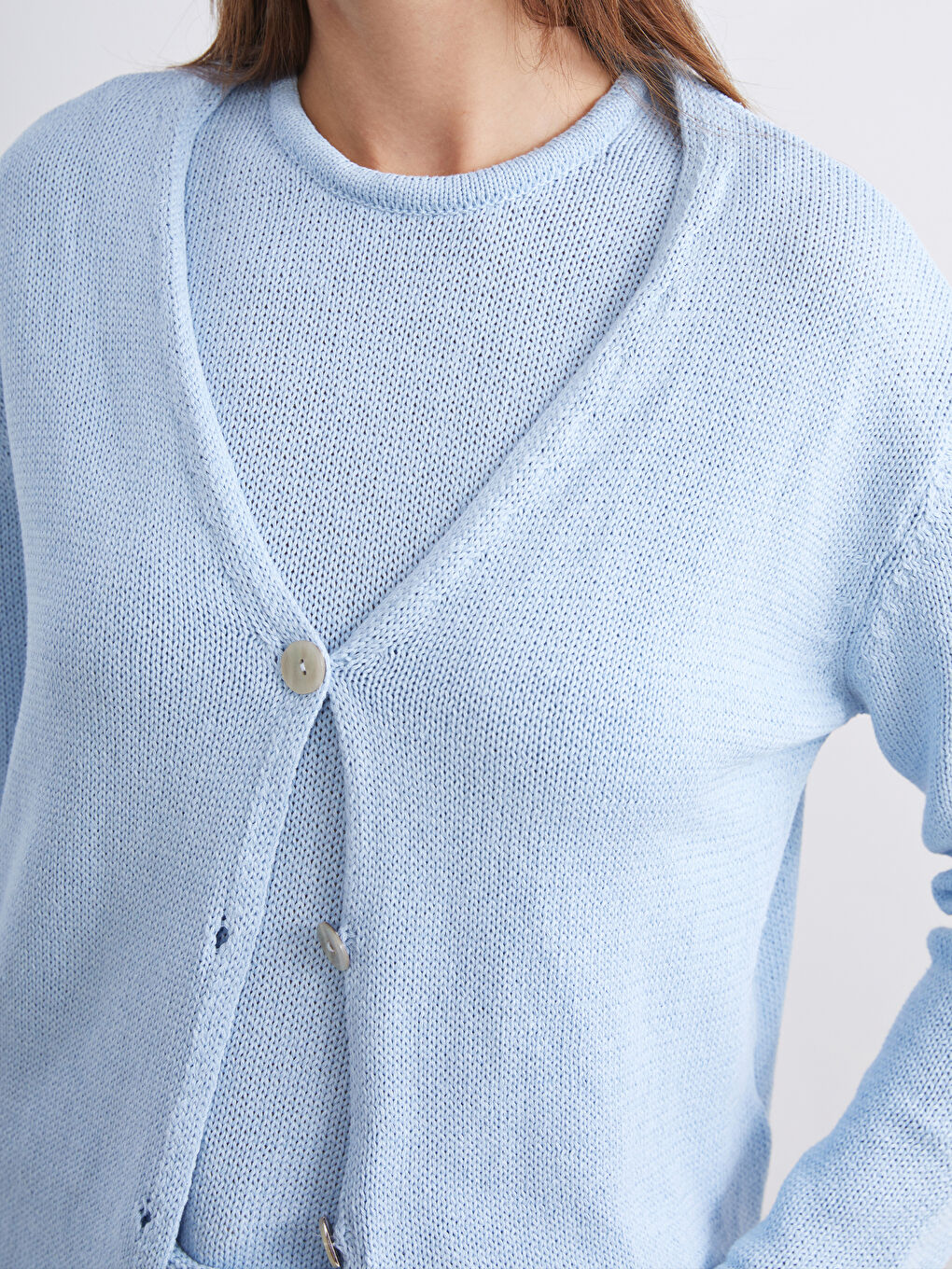 Mavi V Yaka Kadın Triko Hırka-2