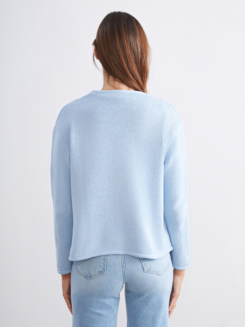 Mavi V Yaka Kadın Triko Hırka-3