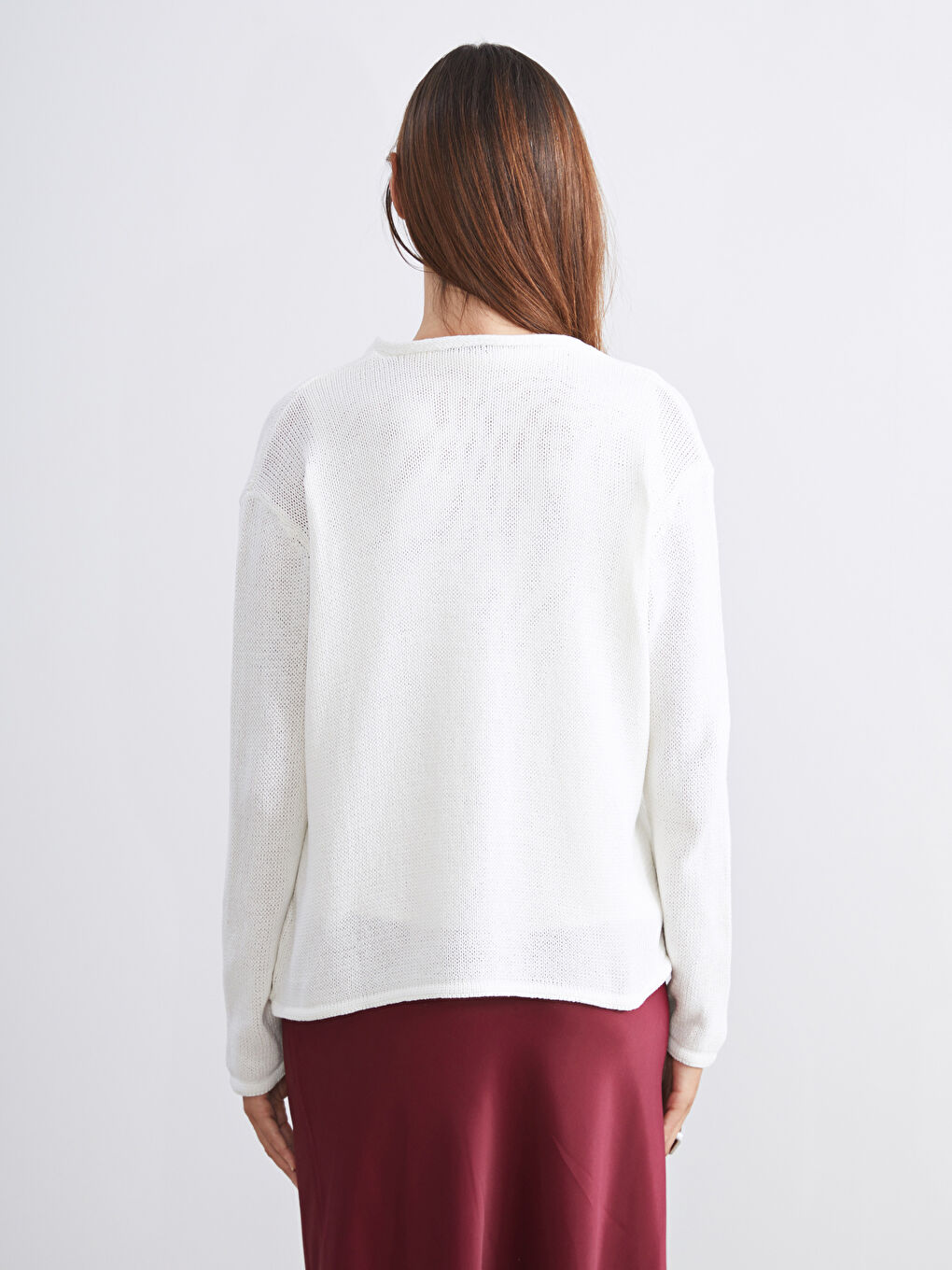 Ekru V Yaka Kadın Triko Hırka-3