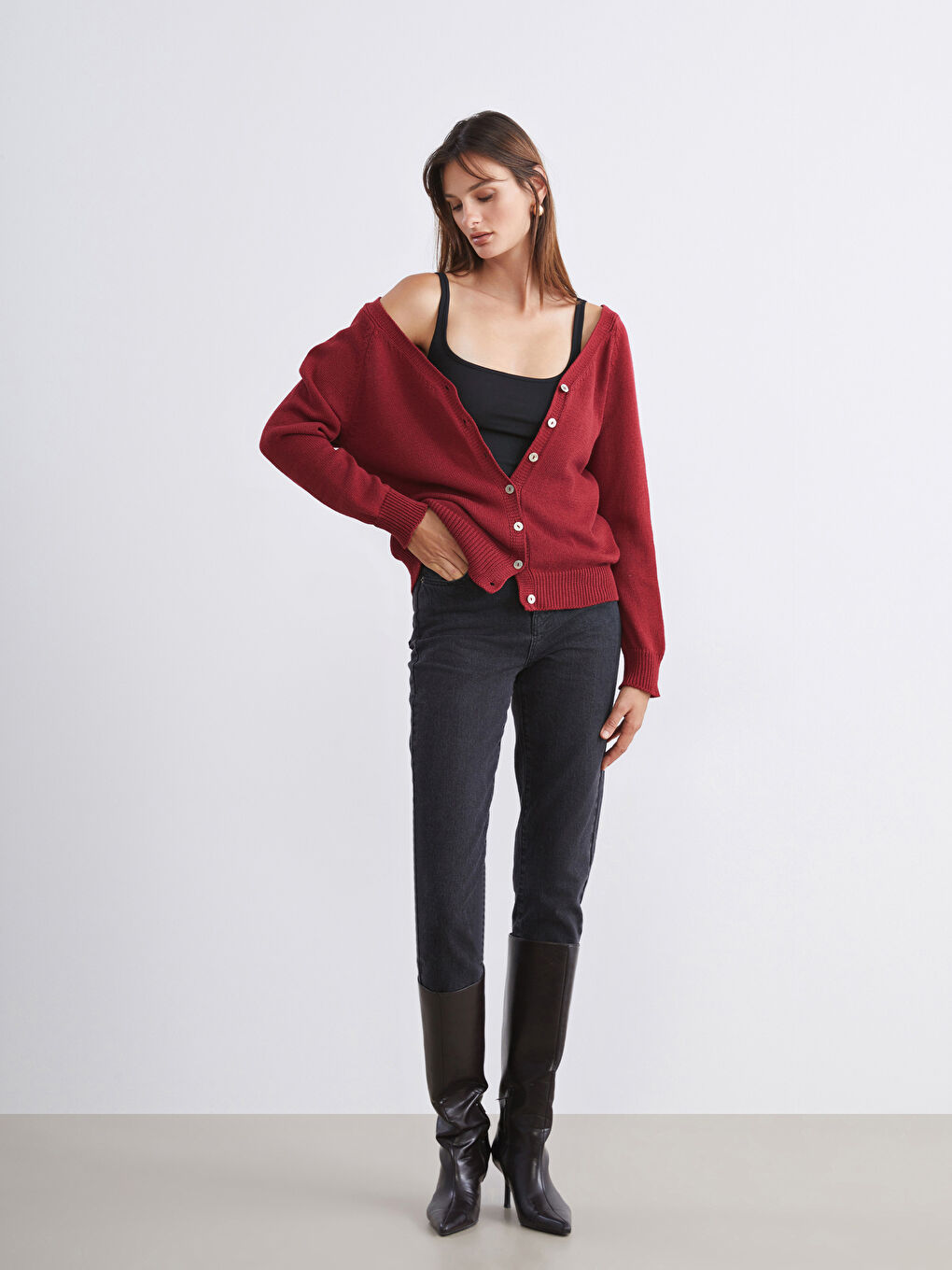 Bordo V Yaka Kadın Triko Hırka-1