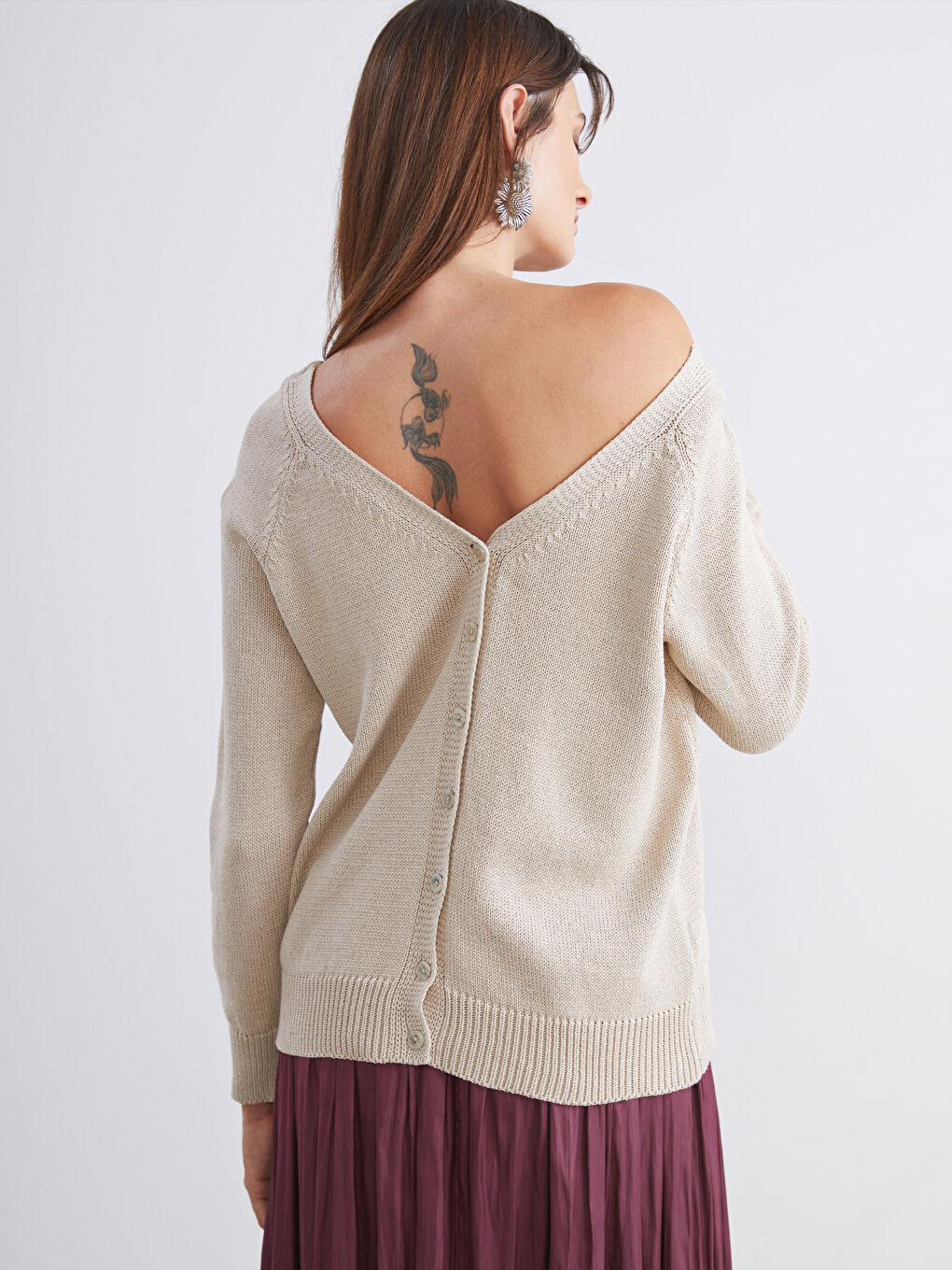 Bej V Yaka Kadın Triko Hırka-2