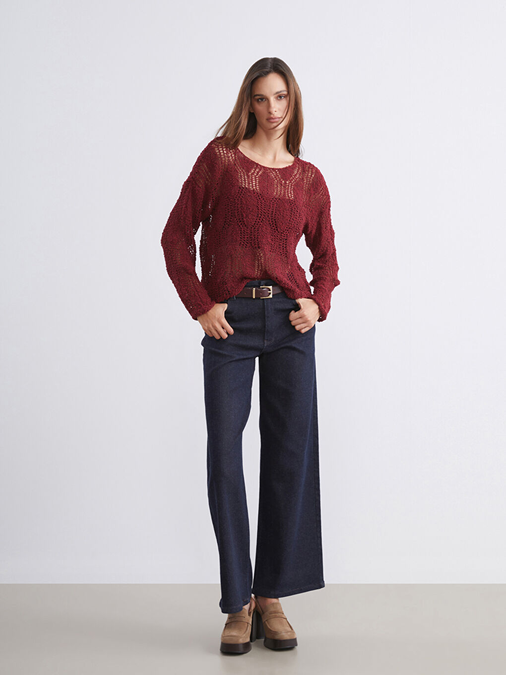 Bordo Bisiklet Yaka Ajurlu Kadın Triko Kazak-1