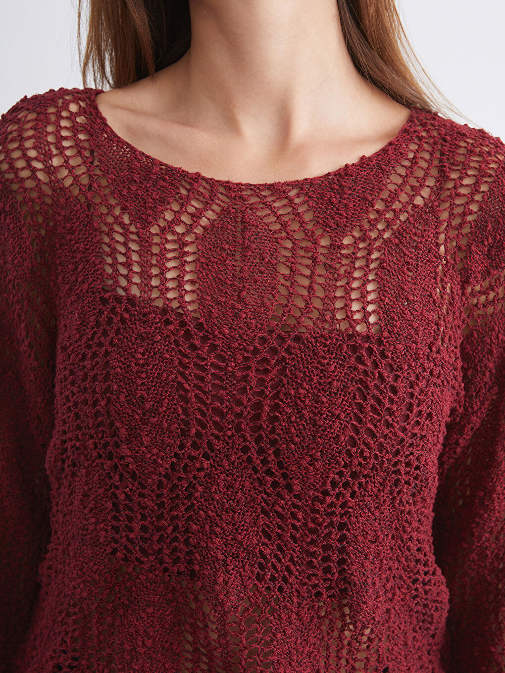 Bordo Bisiklet Yaka Ajurlu Kadın Triko Kazak-2