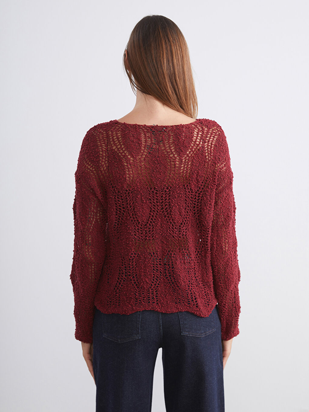 Bordo Bisiklet Yaka Ajurlu Kadın Triko Kazak-3