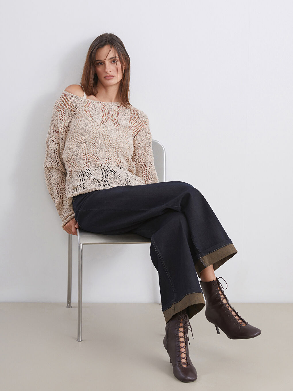 Bej Bisiklet Yaka Ajurlu Kadın Triko Kazak