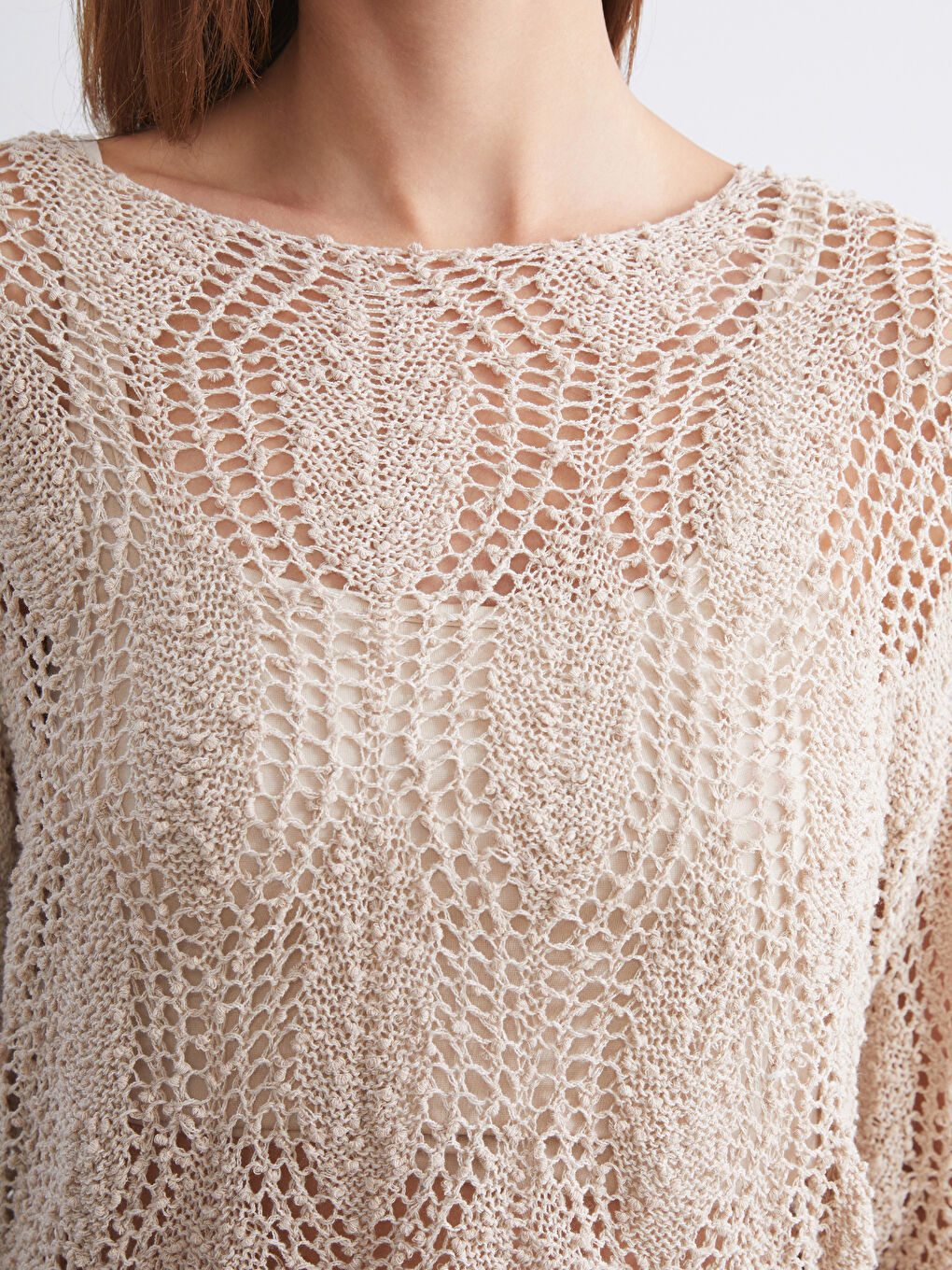 Bej Bisiklet Yaka Ajurlu Kadın Triko Kazak-2