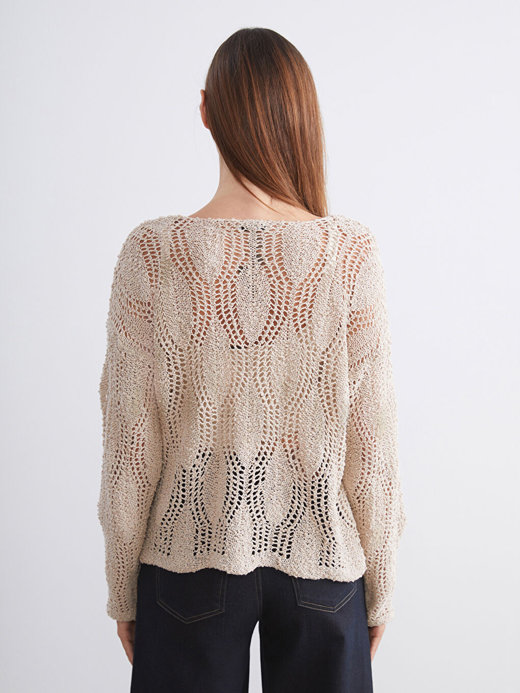 Bej Bisiklet Yaka Ajurlu Kadın Triko Kazak-3