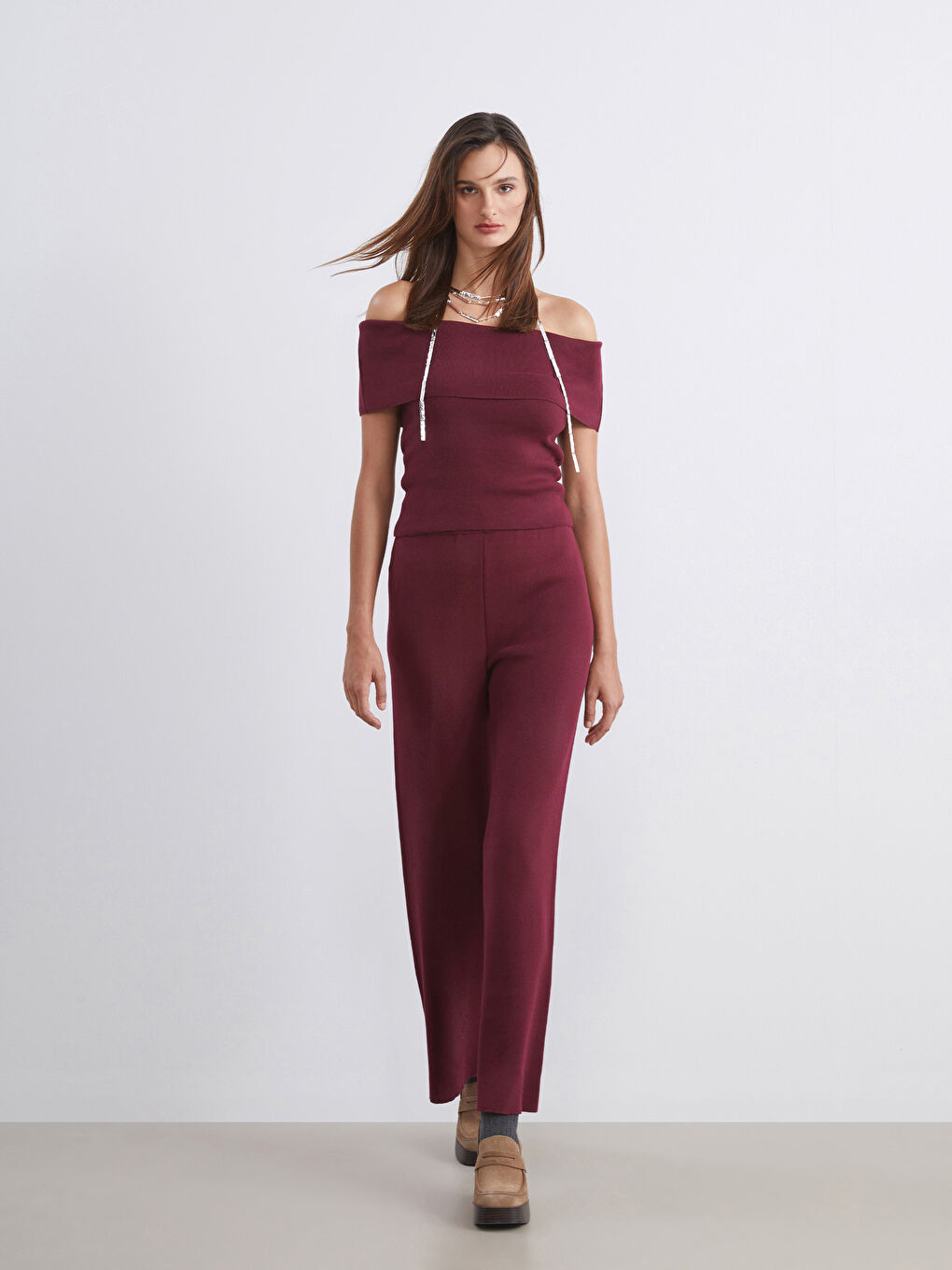 Bordo Beli Lastikli Kadın Triko Pantolon