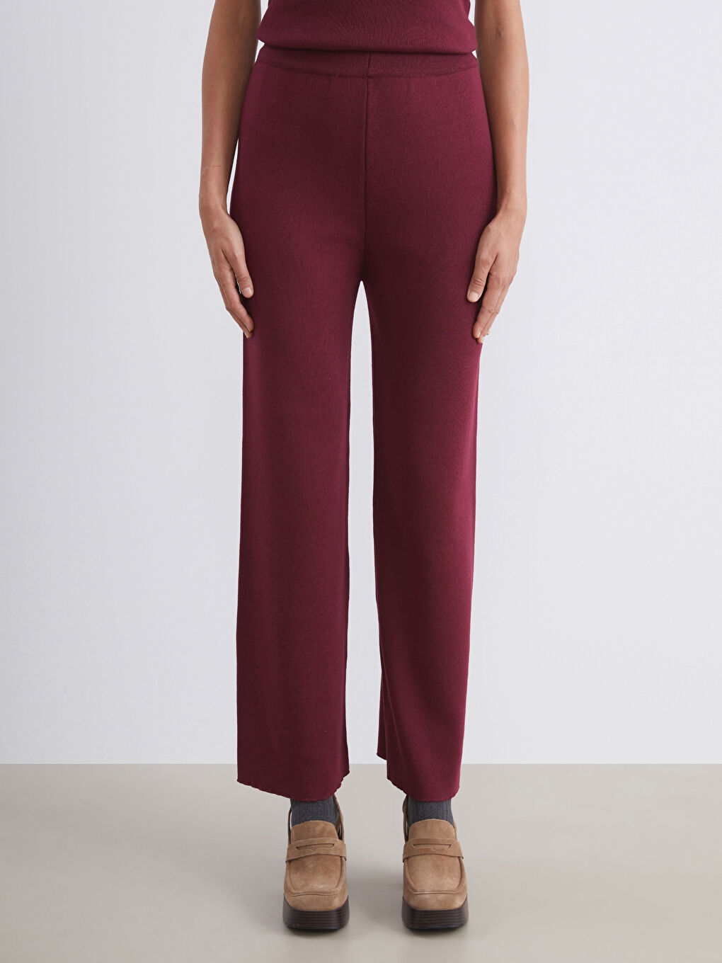 Bordo Beli Lastikli Kadın Triko Pantolon-1