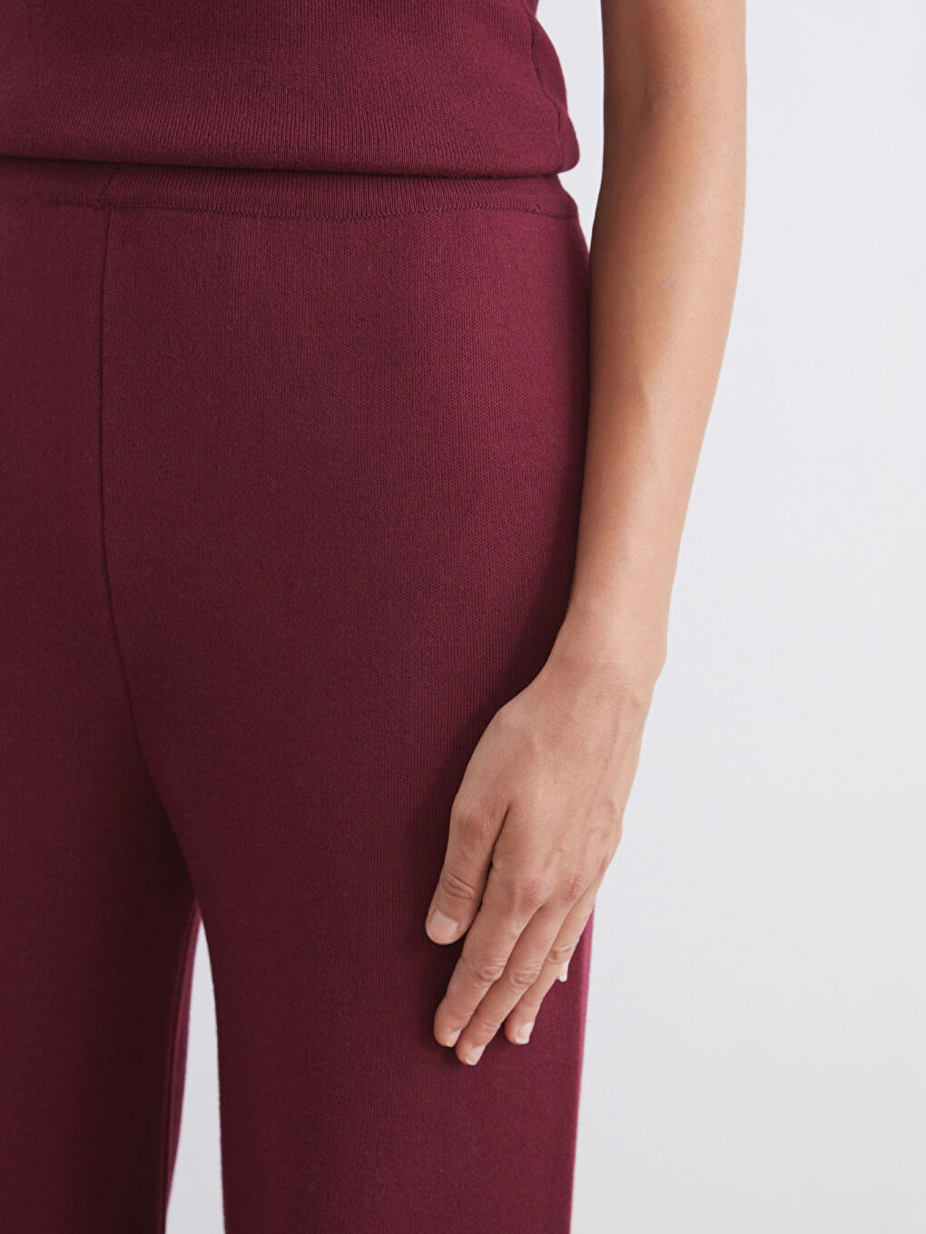 Bordo Beli Lastikli Kadın Triko Pantolon-2