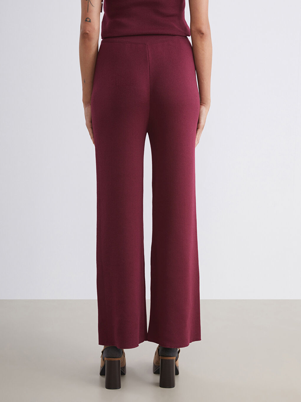 Bordo Beli Lastikli Kadın Triko Pantolon-3