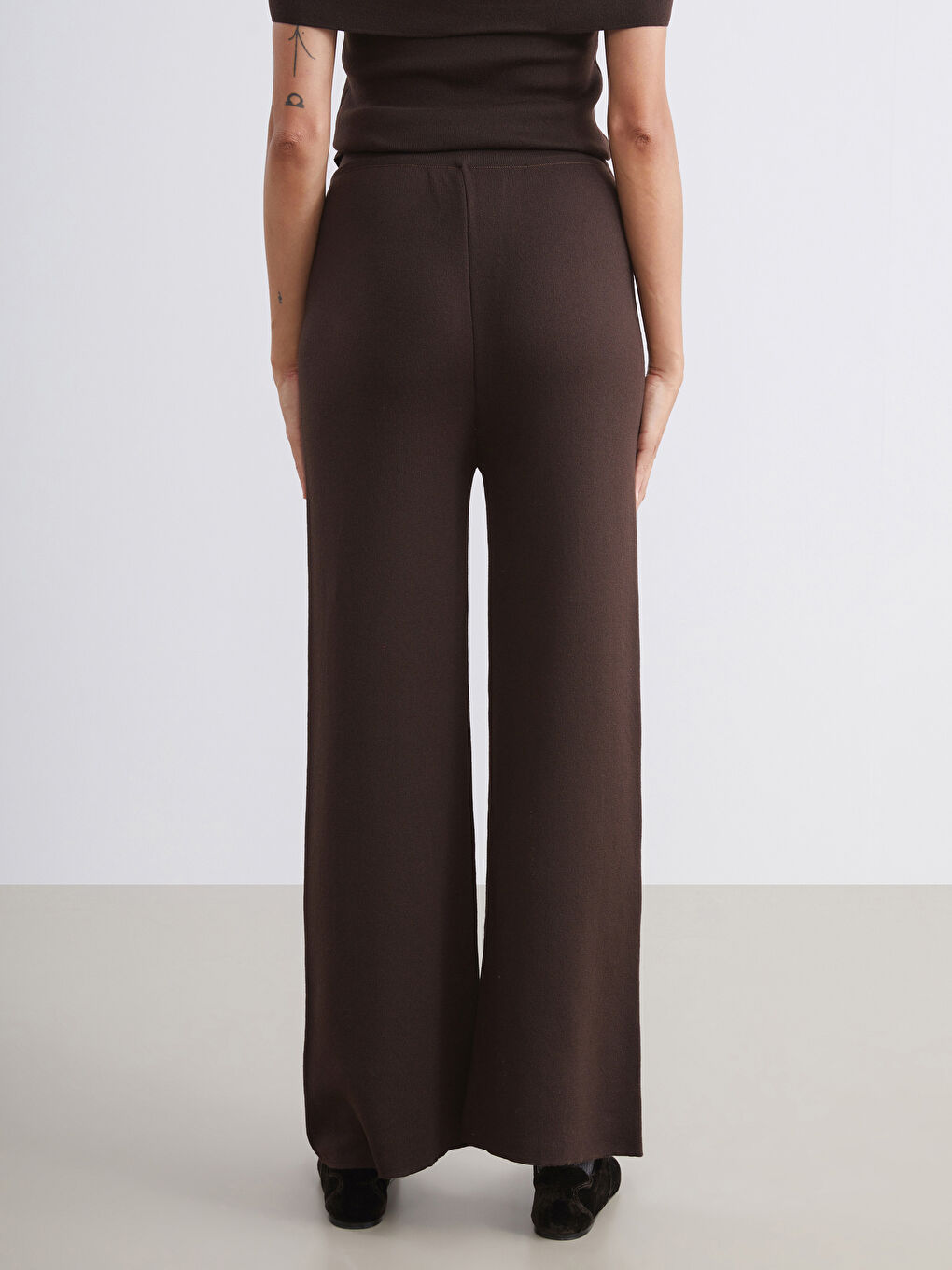 Bej Beli Lastikli Kadın Triko Pantolon-3