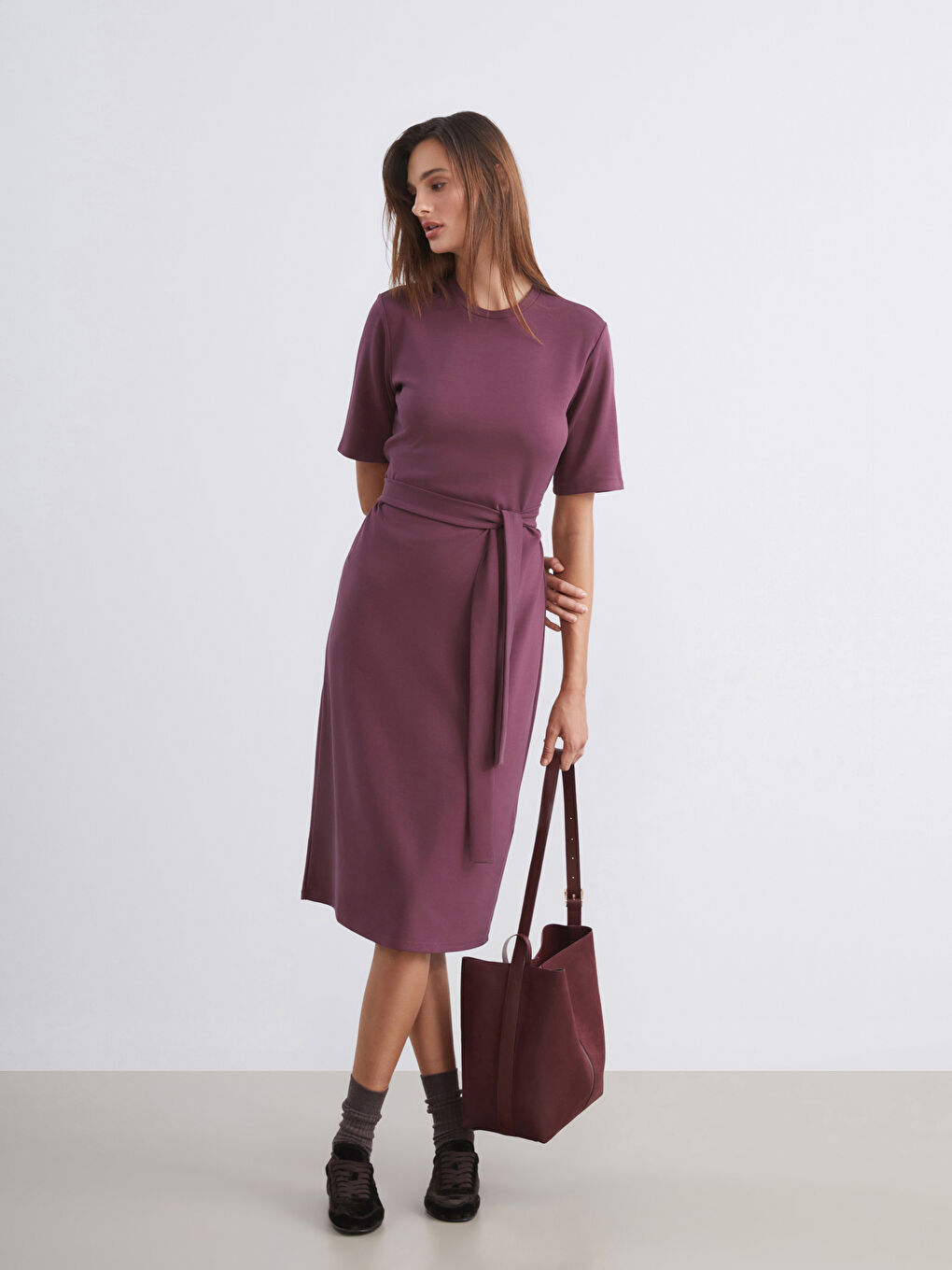 Bordo Bisiklet Yaka Kuşaklı Elbise