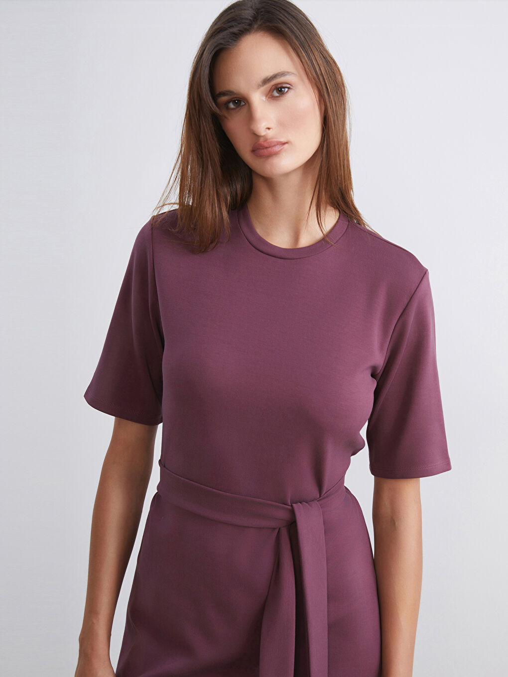 Bordo Bisiklet Yaka Kuşaklı Elbise-1