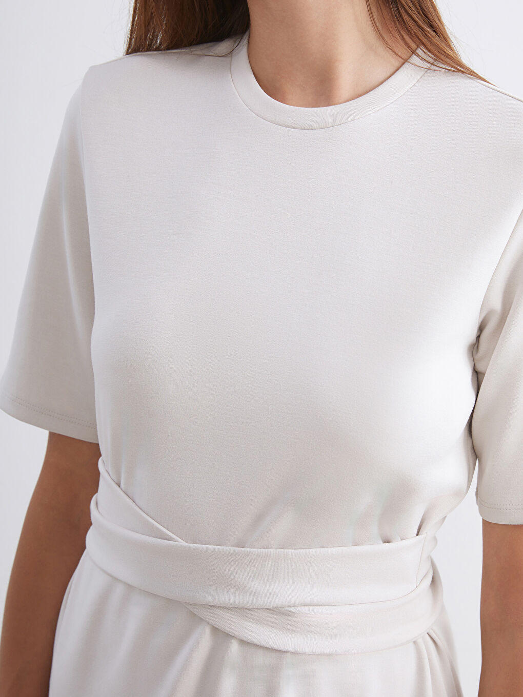 Ekru Bisiklet Yaka Kuşaklı Elbise-2